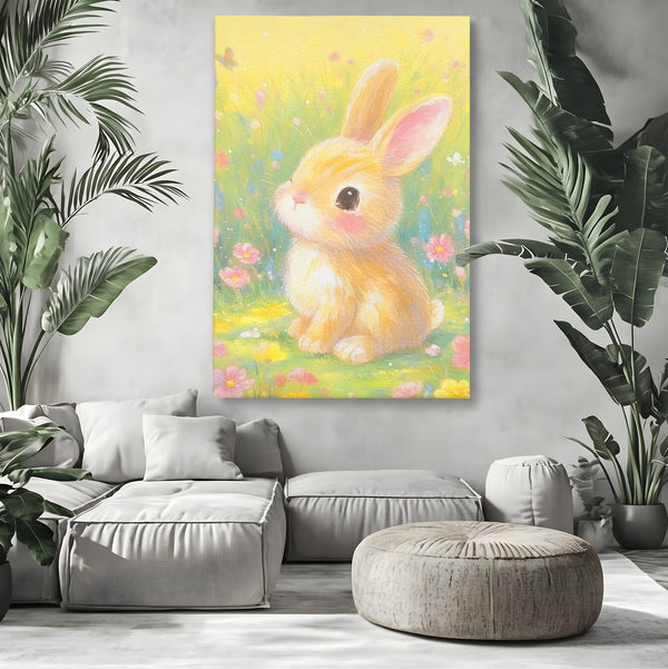Leinwand Wandkunst Leinwand Wandkunst Premium, LuxCanva® K1076, Gemütlich unter Blumen, Hase, Frühling, Blütenblätter, Natur, Unschuld, Klein, Niedlich, Babyzimmer, Schlafzimmer
