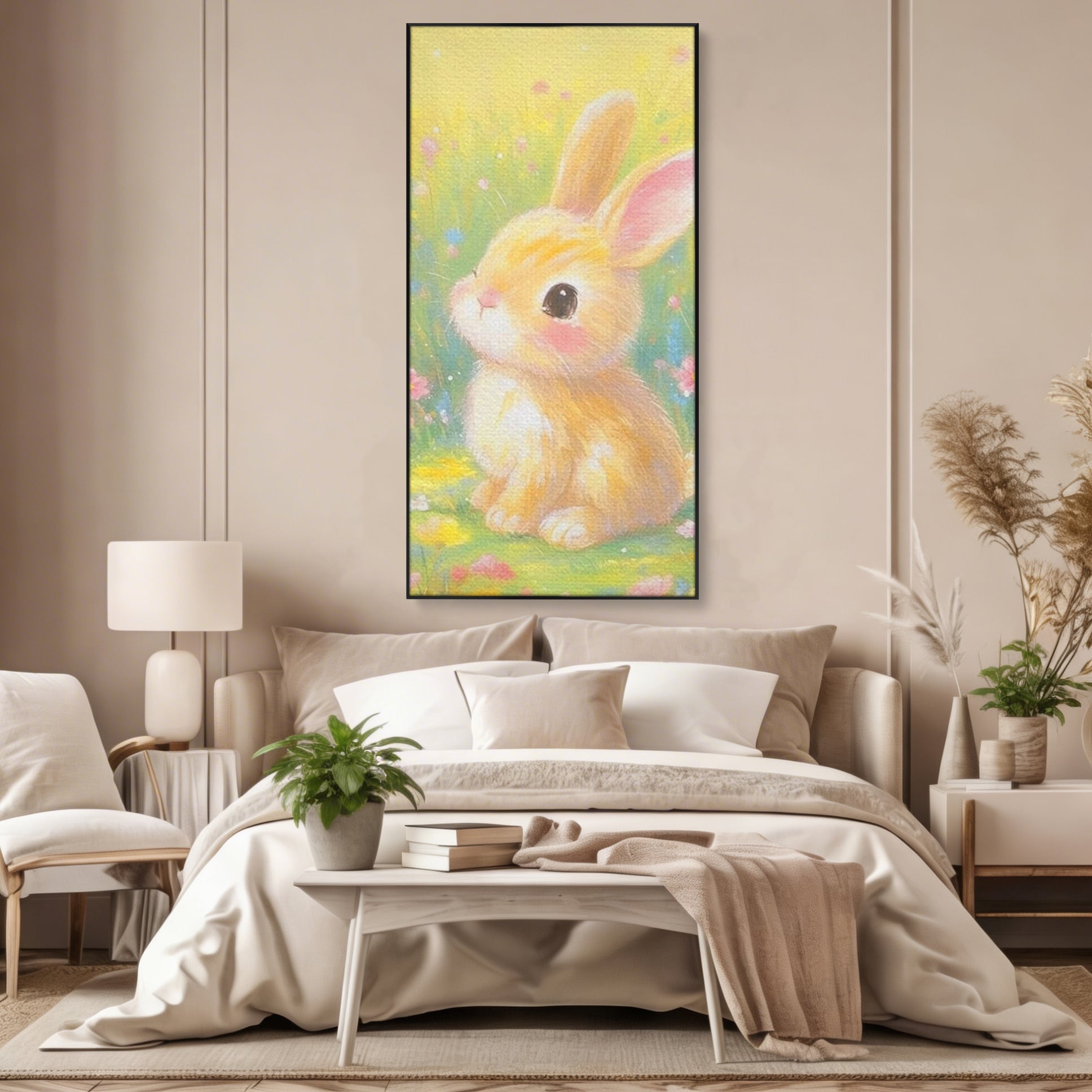 Leinwand Wandkunst Leinwand Wandkunst Premium, LuxCanva® K1076, Gemütlich unter Blumen, Hase, Frühling, Blütenblätter, Natur, Unschuld, Klein, Niedlich, Babyzimmer, Schlafzimmer