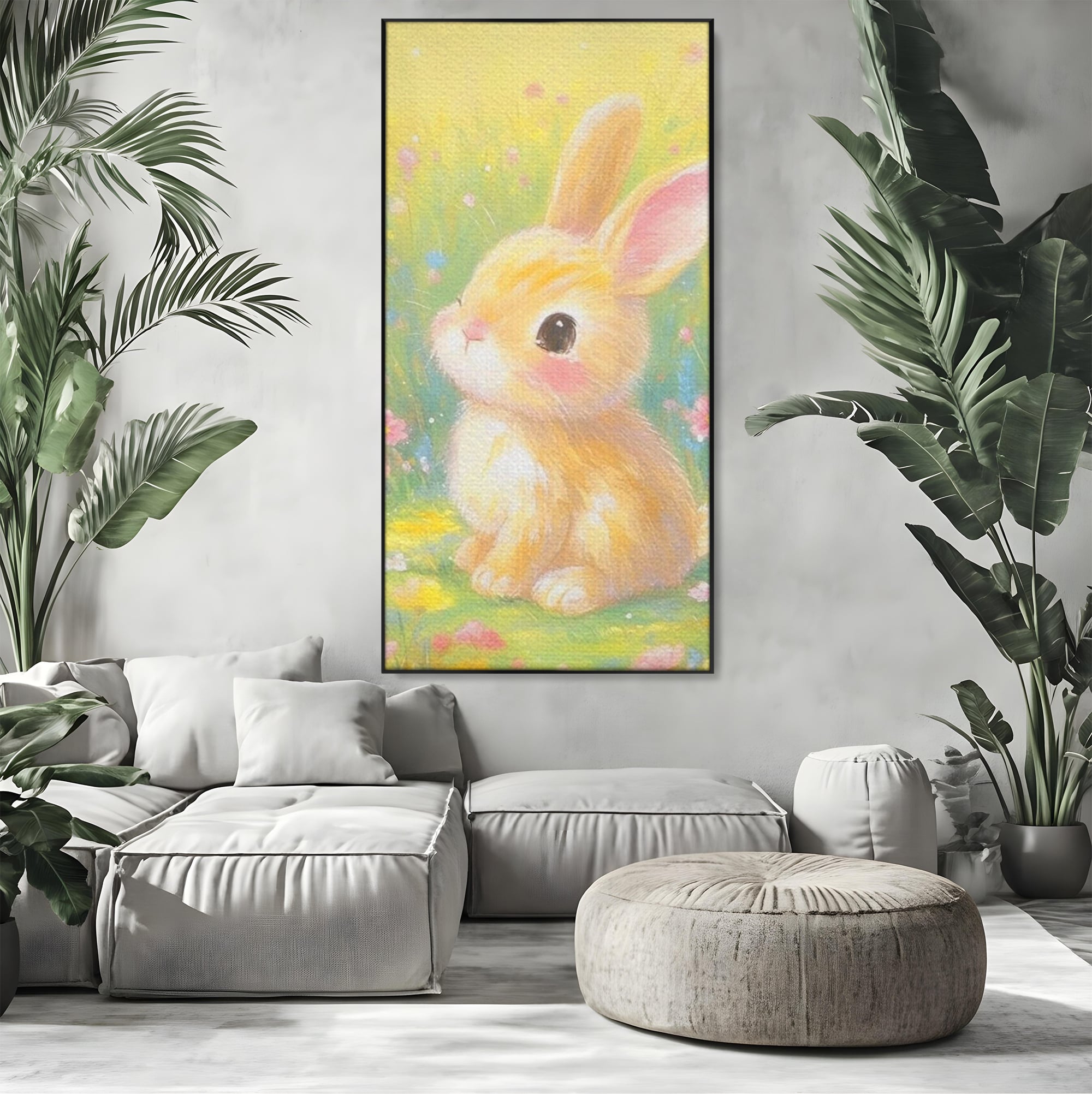 Leinwand Wandkunst Leinwand Wandkunst Premium, LuxCanva® K1076, Gemütlich unter Blumen, Hase, Frühling, Blütenblätter, Natur, Unschuld, Klein, Niedlich, Babyzimmer, Schlafzimmer