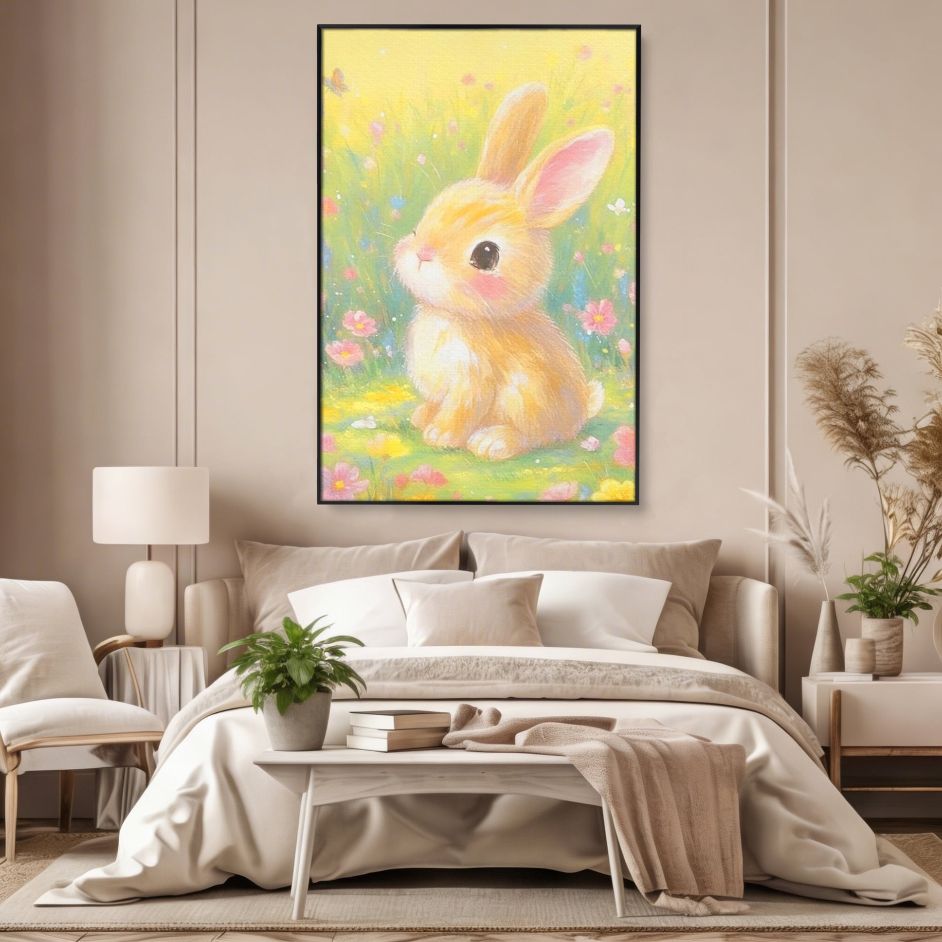 Leinwand Wandkunst Leinwand Wandkunst Premium, LuxCanva® K1076, Gemütlich unter Blumen, Hase, Frühling, Blütenblätter, Natur, Unschuld, Klein, Niedlich, Babyzimmer, Schlafzimmer