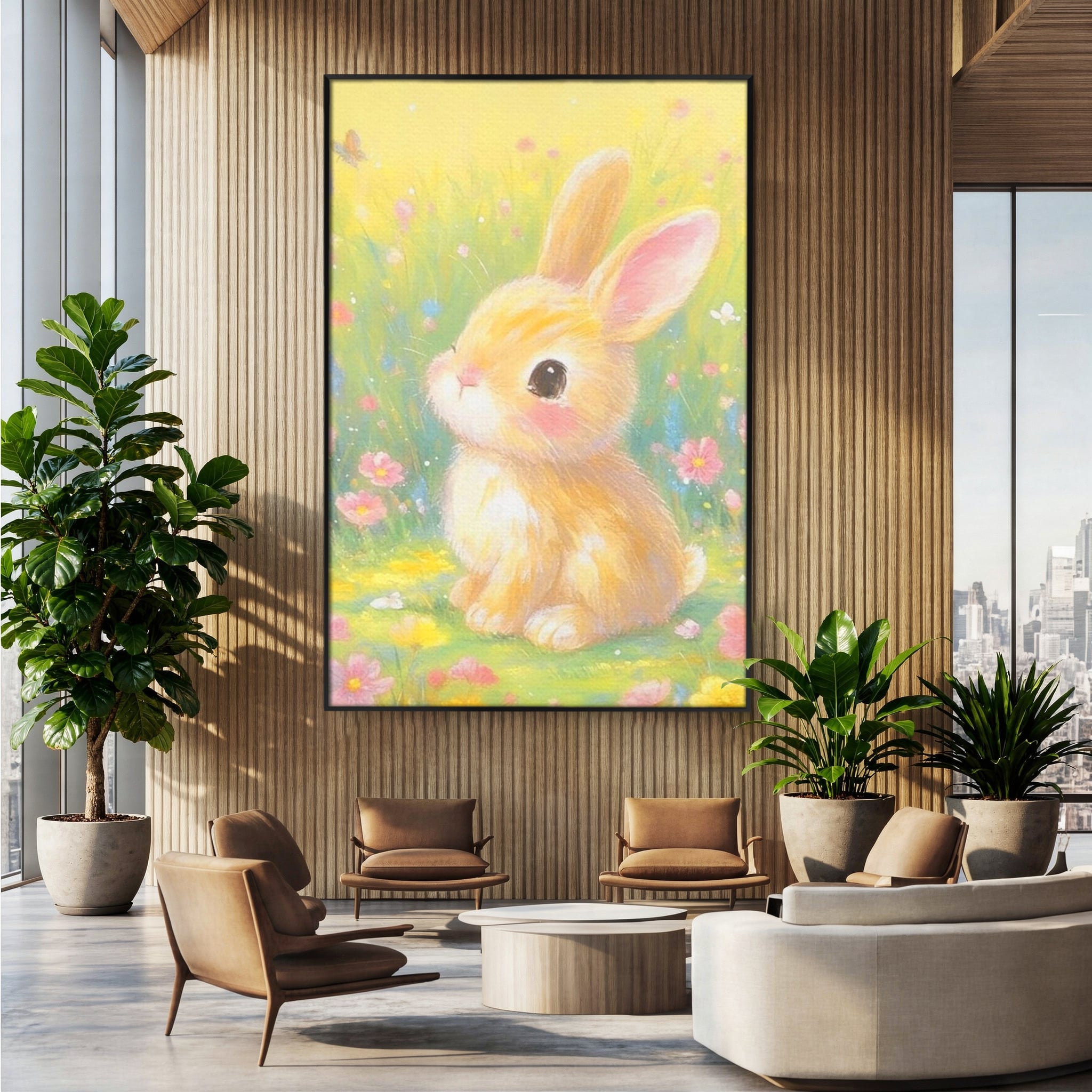 Leinwand Wandkunst Leinwand Wandkunst Premium, LuxCanva® K1076, Gemütlich unter Blumen, Hase, Frühling, Blütenblätter, Natur, Unschuld, Klein, Niedlich, Babyzimmer, Schlafzimmer