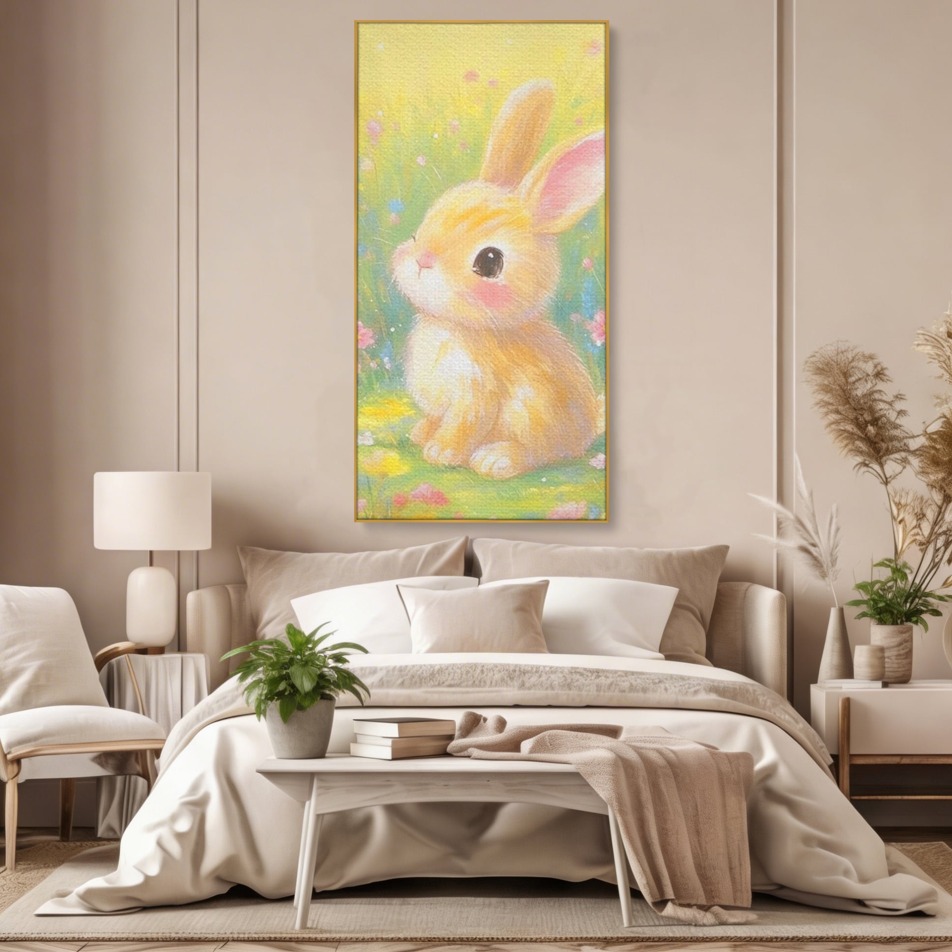 Leinwand Wandkunst Leinwand Wandkunst Premium, LuxCanva® K1076, Gemütlich unter Blumen, Hase, Frühling, Blütenblätter, Natur, Unschuld, Klein, Niedlich, Babyzimmer, Schlafzimmer