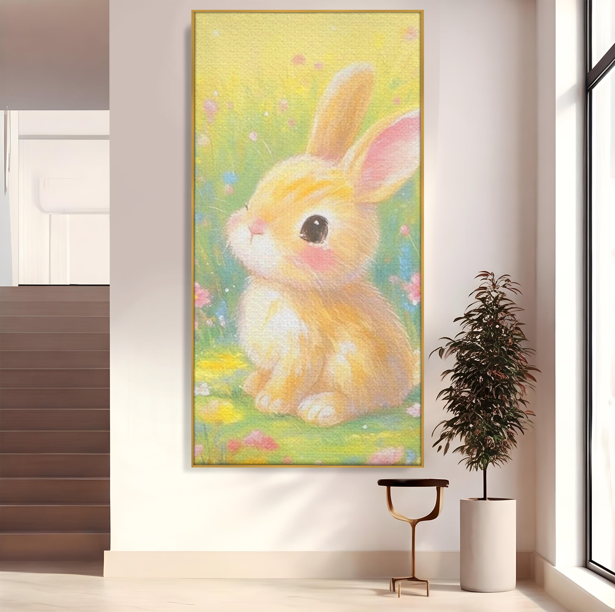 Leinwand Wandkunst Leinwand Wandkunst Premium, LuxCanva® K1076, Gemütlich unter Blumen, Hase, Frühling, Blütenblätter, Natur, Unschuld, Klein, Niedlich, Babyzimmer, Schlafzimmer