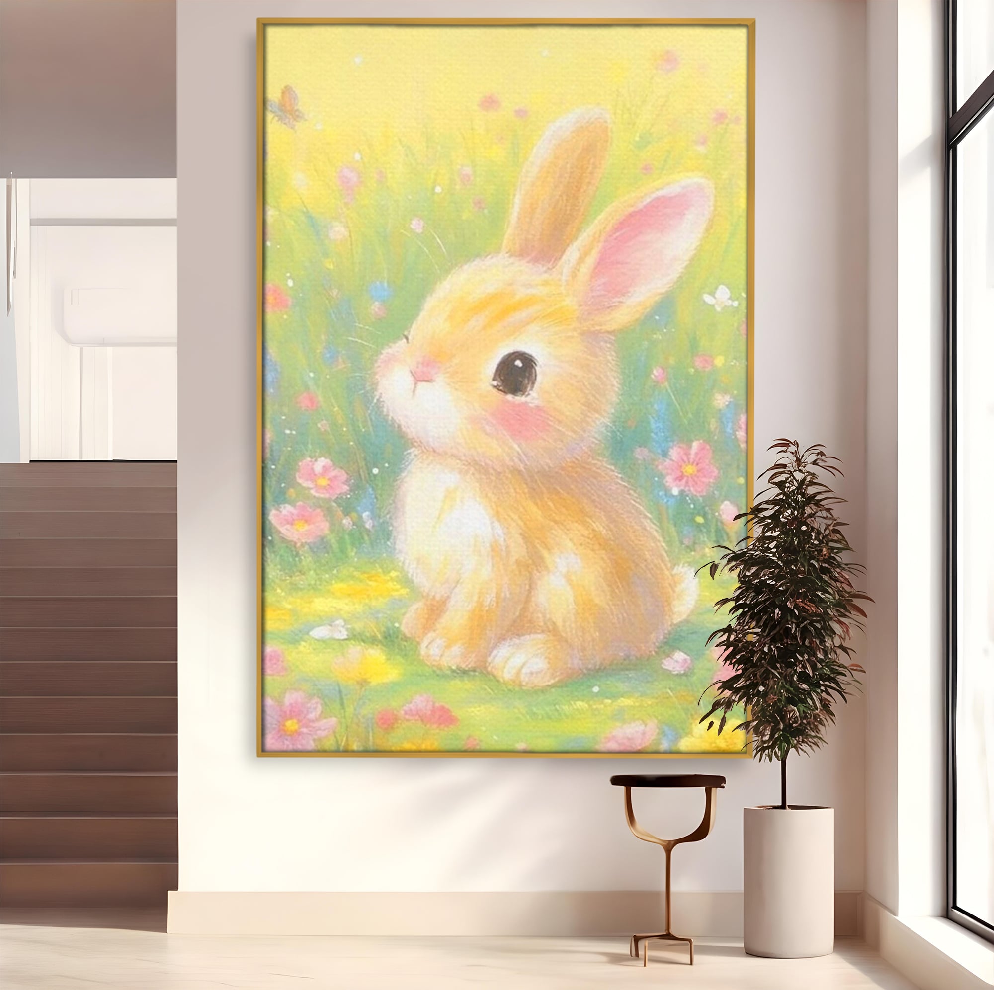 Leinwand Wandkunst Leinwand Wandkunst Premium, LuxCanva® K1076, Gemütlich unter Blumen, Hase, Frühling, Blütenblätter, Natur, Unschuld, Klein, Niedlich, Babyzimmer, Schlafzimmer