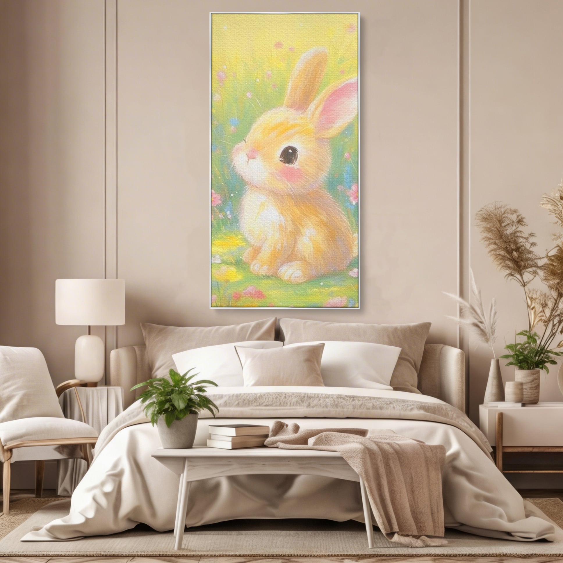Leinwand Wandkunst Leinwand Wandkunst Premium, LuxCanva® K1076, Gemütlich unter Blumen, Hase, Frühling, Blütenblätter, Natur, Unschuld, Klein, Niedlich, Babyzimmer, Schlafzimmer