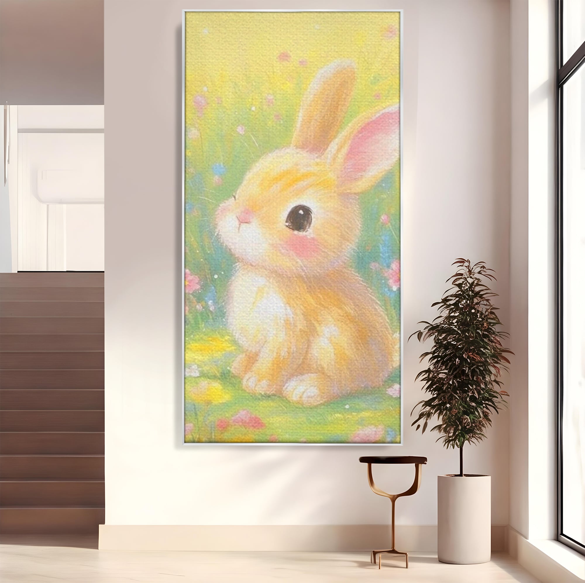 Leinwand Wandkunst Leinwand Wandkunst Premium, LuxCanva® K1076, Gemütlich unter Blumen, Hase, Frühling, Blütenblätter, Natur, Unschuld, Klein, Niedlich, Babyzimmer, Schlafzimmer