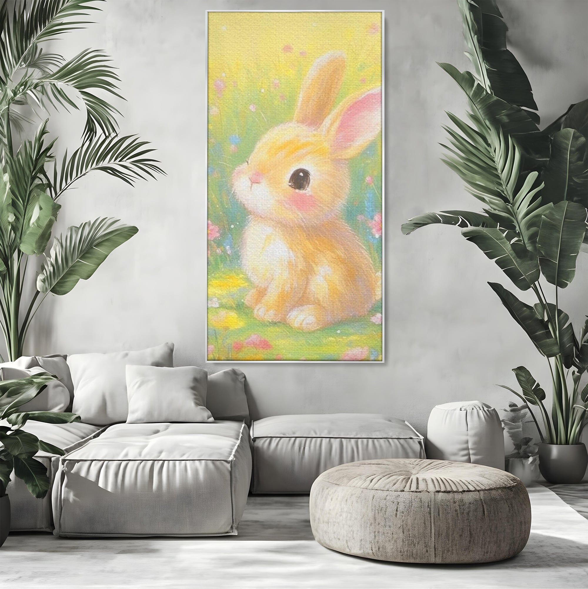 Leinwand Wandkunst Leinwand Wandkunst Premium, LuxCanva® K1076, Gemütlich unter Blumen, Hase, Frühling, Blütenblätter, Natur, Unschuld, Klein, Niedlich, Babyzimmer, Schlafzimmer
