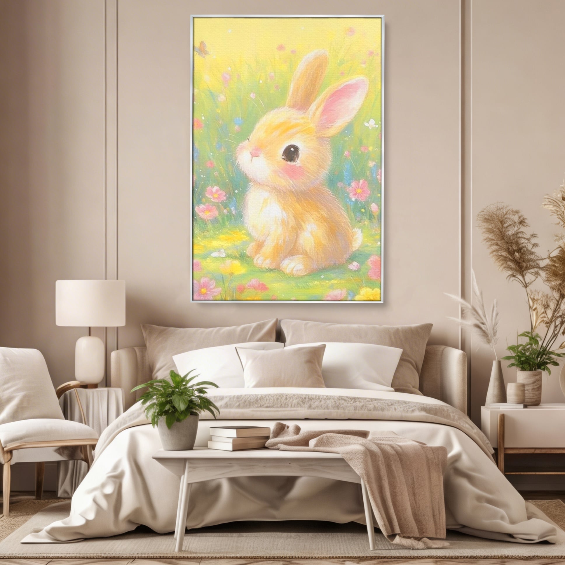 Leinwand Wandkunst Leinwand Wandkunst Premium, LuxCanva® K1076, Gemütlich unter Blumen, Hase, Frühling, Blütenblätter, Natur, Unschuld, Klein, Niedlich, Babyzimmer, Schlafzimmer