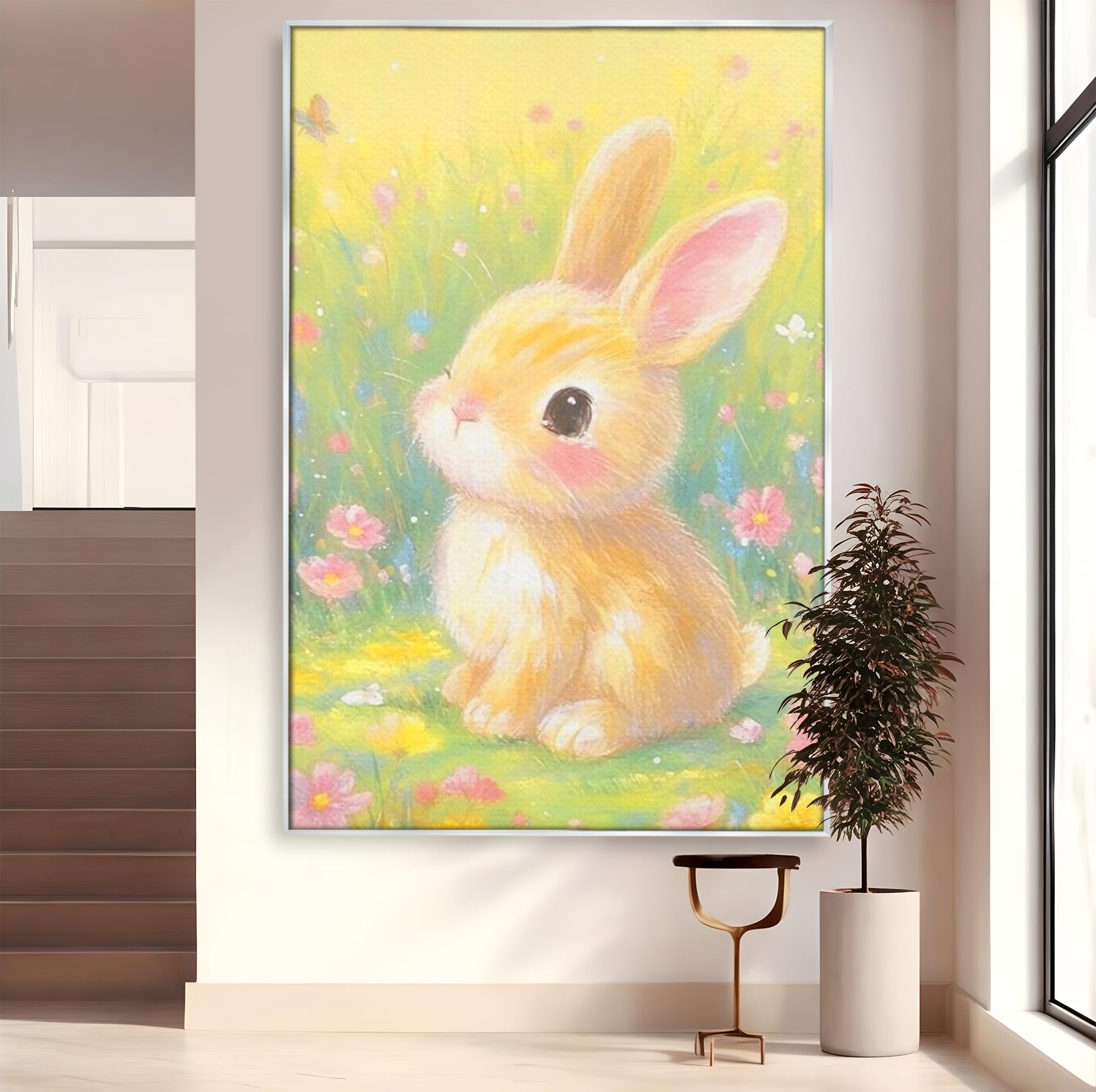 Leinwand Wandkunst Leinwand Wandkunst Premium, LuxCanva® K1076, Gemütlich unter Blumen, Hase, Frühling, Blütenblätter, Natur, Unschuld, Klein, Niedlich, Babyzimmer, Schlafzimmer