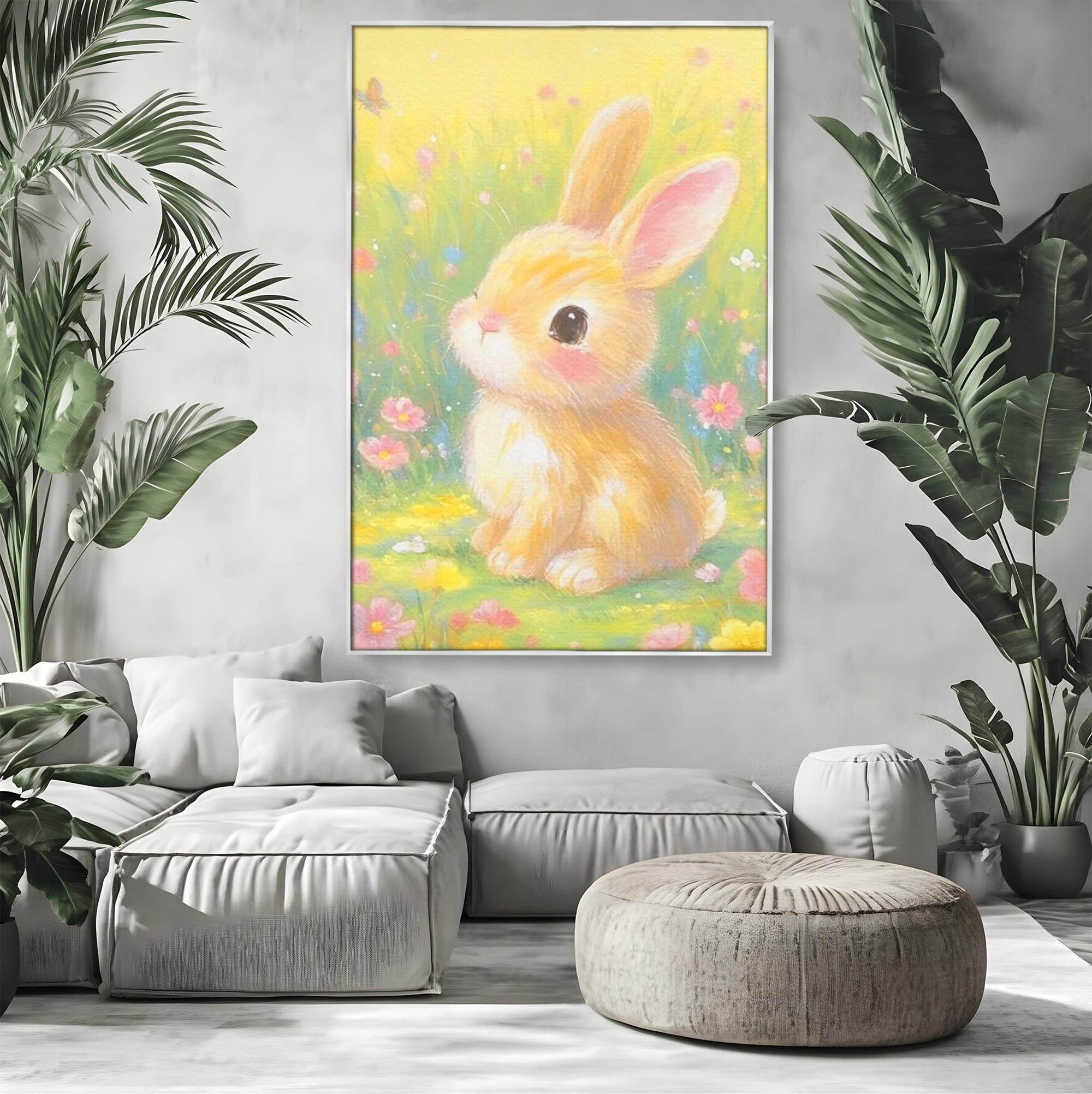 Leinwand Wandkunst Leinwand Wandkunst Premium, LuxCanva® K1076, Gemütlich unter Blumen, Hase, Frühling, Blütenblätter, Natur, Unschuld, Klein, Niedlich, Babyzimmer, Schlafzimmer