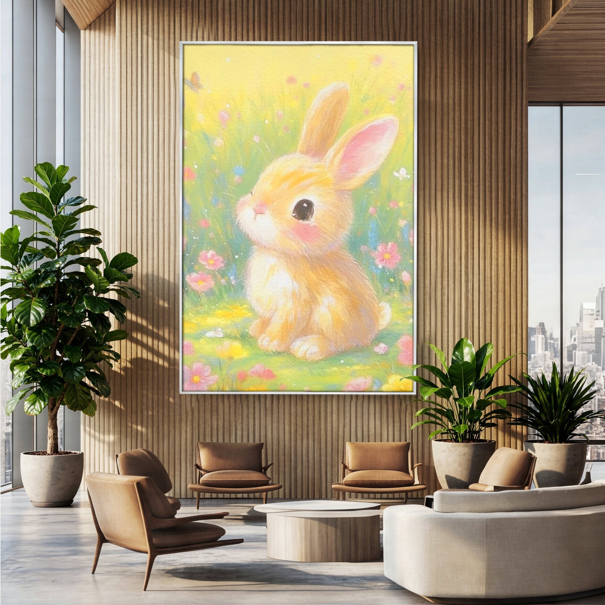 Leinwand Wandkunst Leinwand Wandkunst Premium, LuxCanva® K1076, Gemütlich unter Blumen, Hase, Frühling, Blütenblätter, Natur, Unschuld, Klein, Niedlich, Babyzimmer, Schlafzimmer