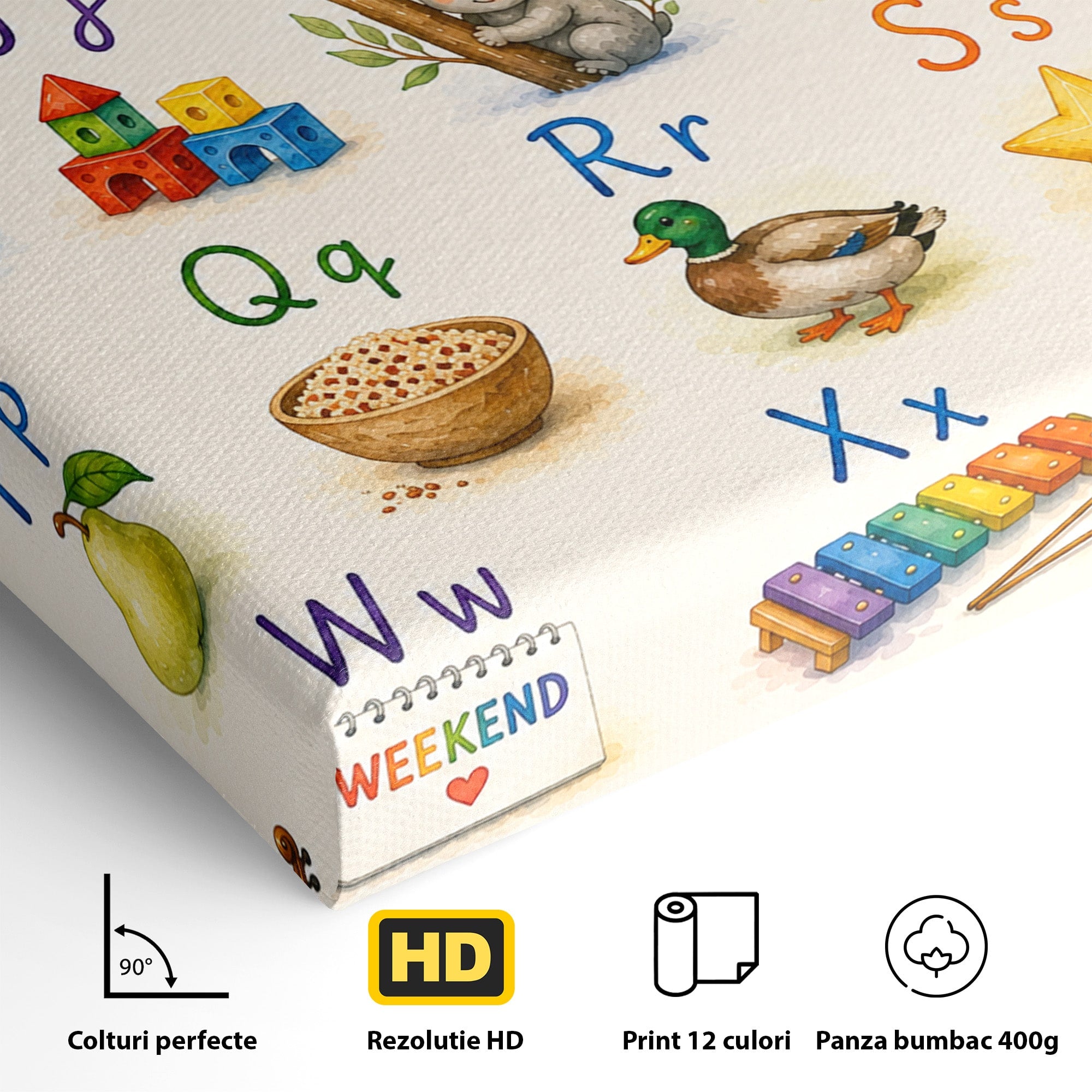 Tablou Canvas Premium LuxCanva® K1077, Abecedar Ilustrat, Abecedar, Educativ, Copii, Invatare, Camera Copii, Culori Vibrante