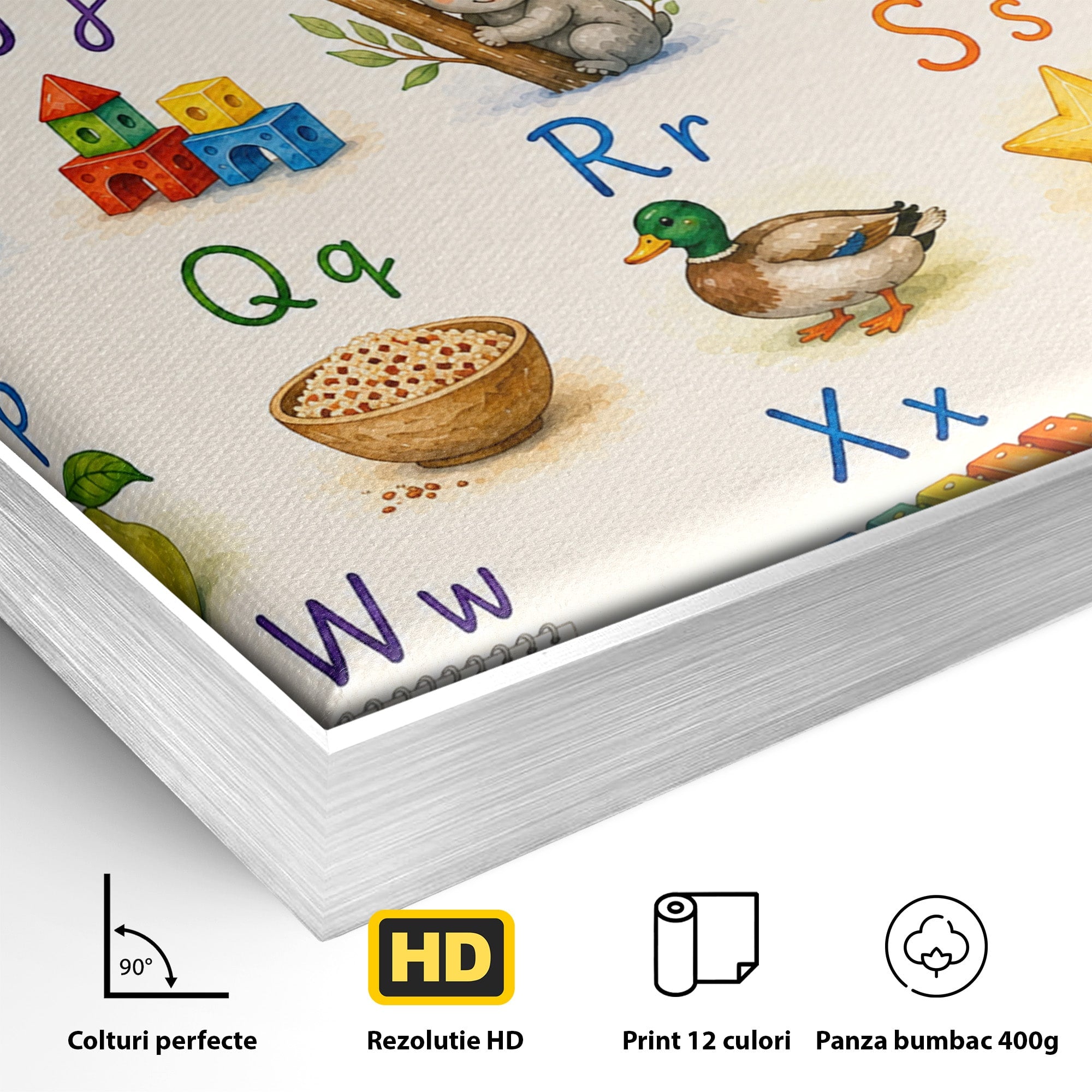 Tablou Canvas Premium LuxCanva® K1077, Abecedar Ilustrat, Abecedar, Educativ, Copii, Invatare, Camera Copii, Culori Vibrante