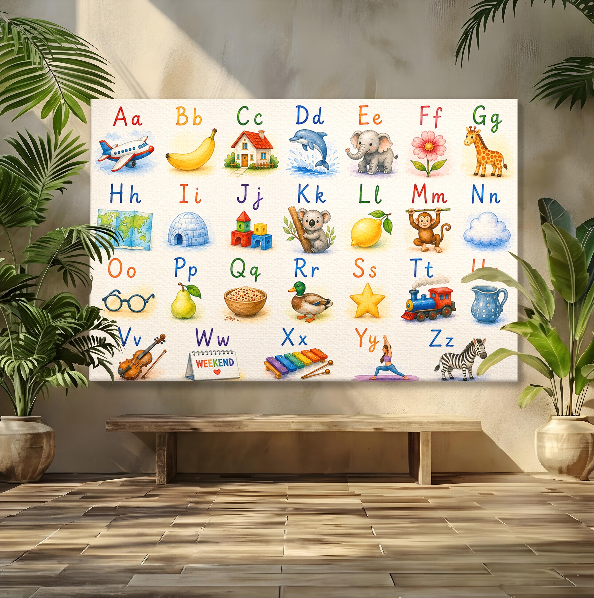 Tablou Canvas Premium LuxCanva® K1077, Abecedar Ilustrat, Abecedar, Educativ, Copii, Invatare, Camera Copii, Culori Vibrante