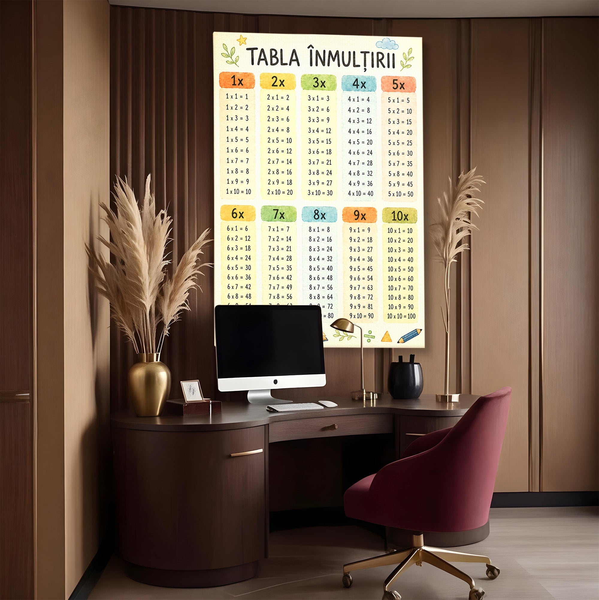 Tablou Canvas Premium LuxCanva® K1078, Tabla Inmultirii Educativa, Educatie, Tabel, Matematica, Copii, Scoala, Birou, Culori Vibrante