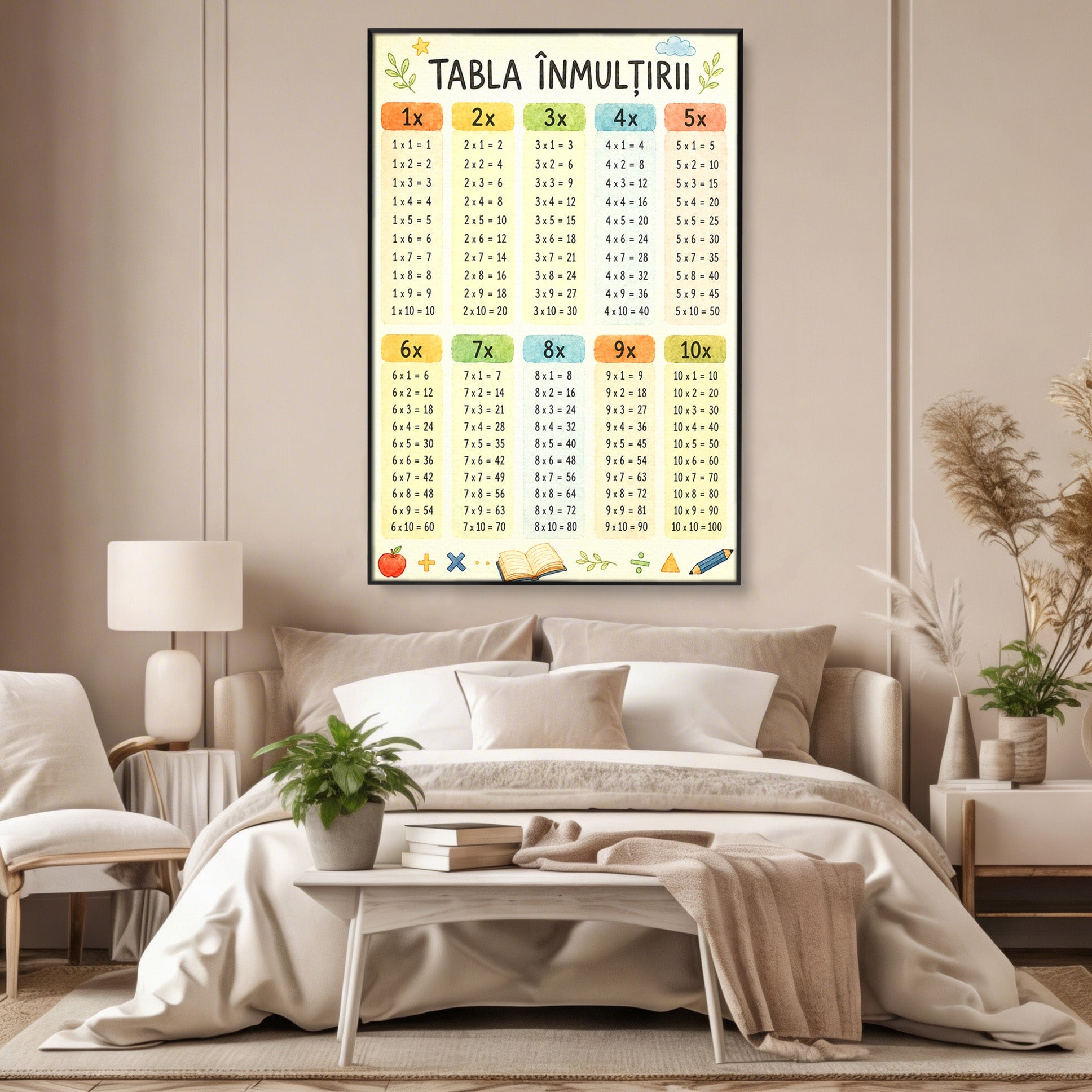 Tablou Canvas Premium LuxCanva® K1078, Tabla Inmultirii Educativa, Educatie, Tabel, Matematica, Copii, Scoala, Birou, Culori Vibrante