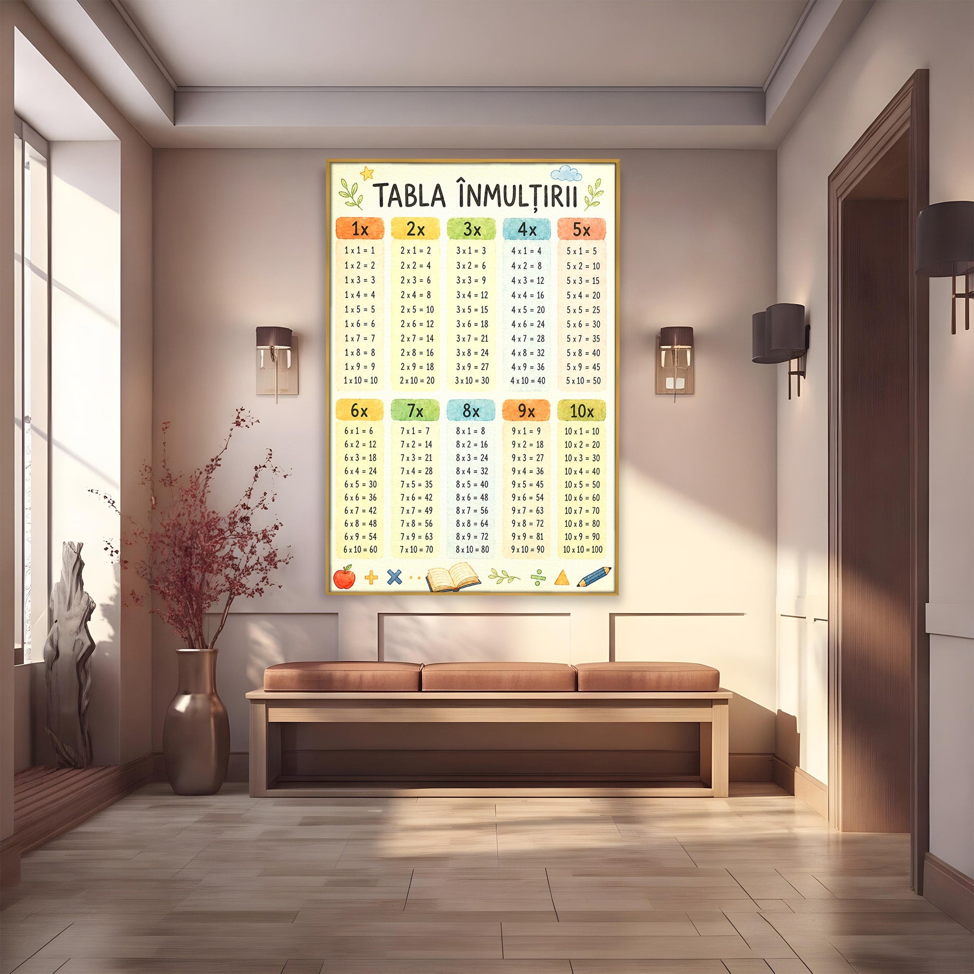 Tablou Canvas Premium LuxCanva® K1078, Tabla Inmultirii Educativa, Educatie, Tabel, Matematica, Copii, Scoala, Birou, Culori Vibrante