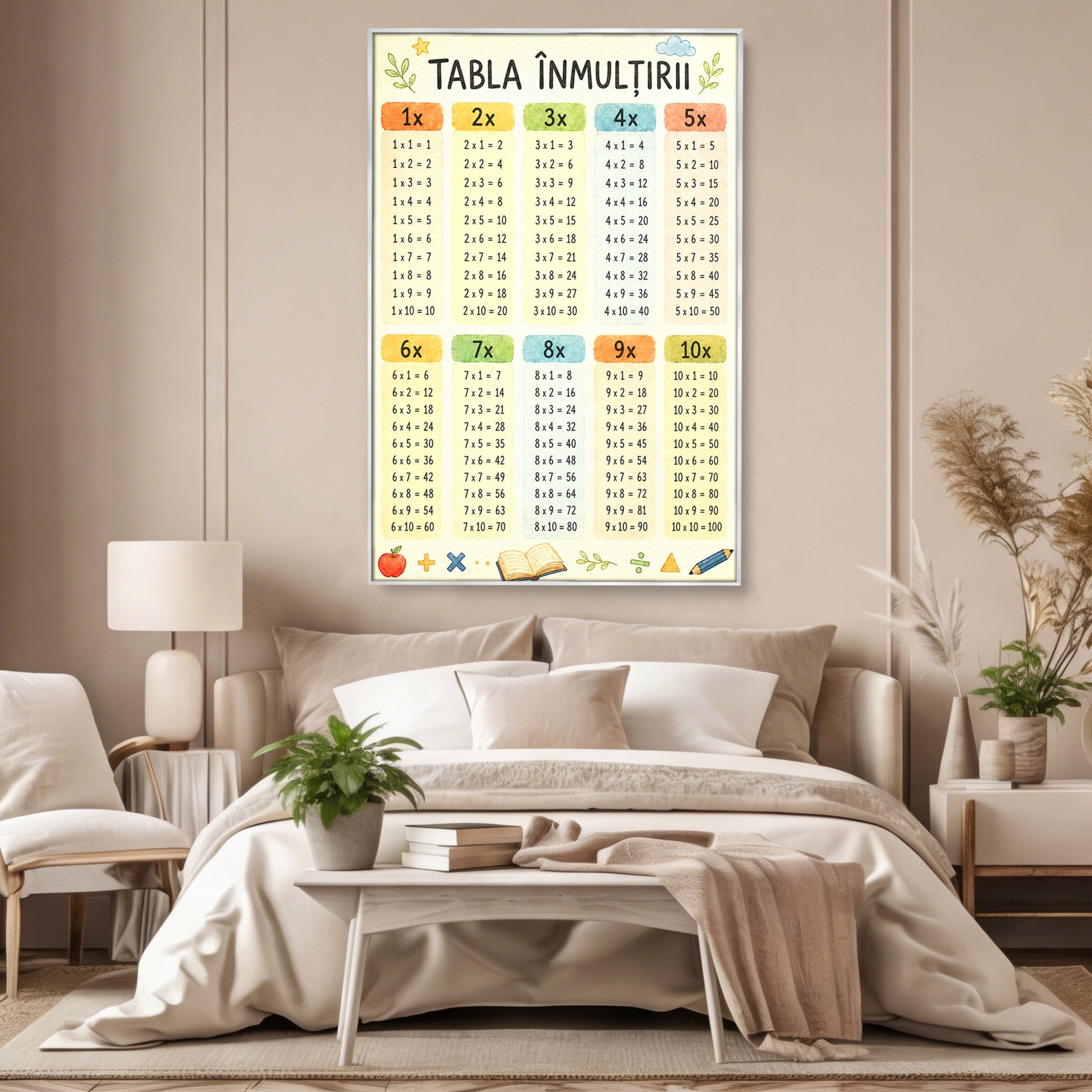 Tablou Canvas Premium LuxCanva® K1078, Tabla Inmultirii Educativa, Educatie, Tabel, Matematica, Copii, Scoala, Birou, Culori Vibrante