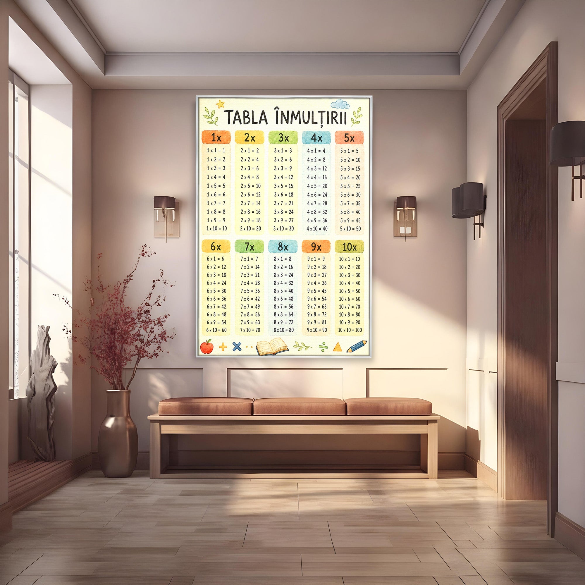 Tablou Canvas Premium LuxCanva® K1078, Tabla Inmultirii Educativa, Educatie, Tabel, Matematica, Copii, Scoala, Birou, Culori Vibrante