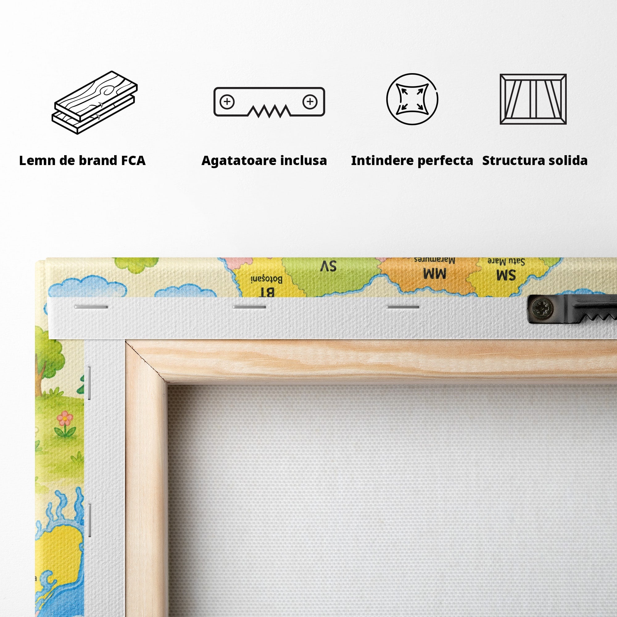 Tablou Canvas Premium LuxCanva® K1079, Harta Vesela A Romaniei, Harta, Romania, Educatie, Copii, Camera Copiilor, Culori Vibrante
