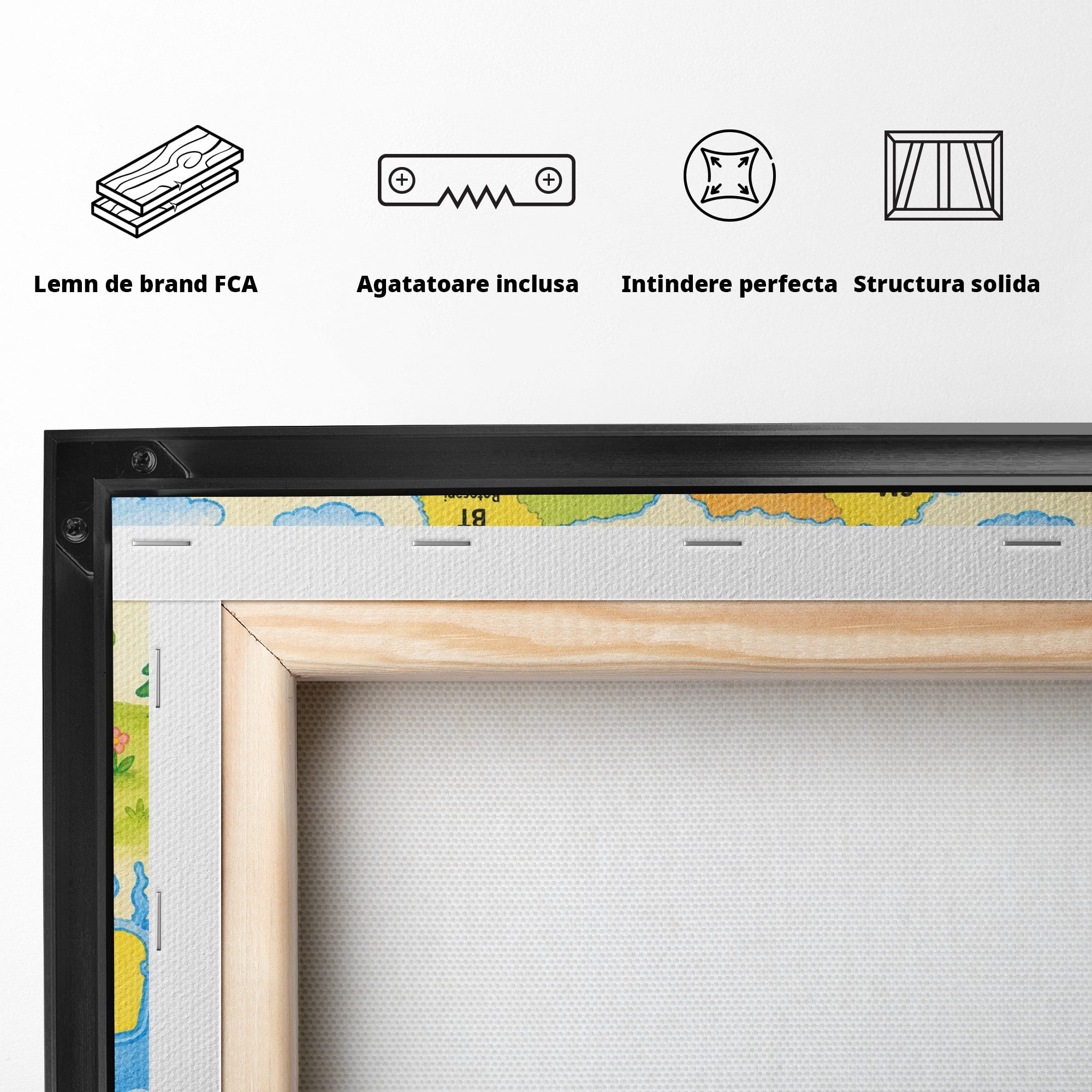 Tablou Canvas Premium LuxCanva® K1079, Harta Vesela A Romaniei, Harta, Romania, Educatie, Copii, Camera Copiilor, Culori Vibrante
