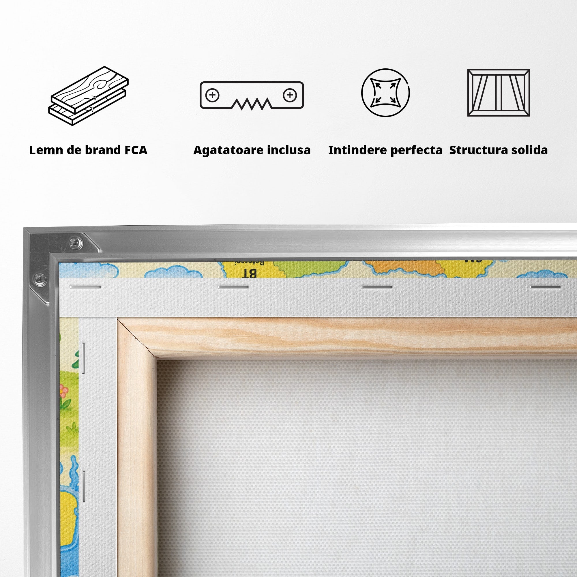 Tablou Canvas Premium LuxCanva® K1079, Harta Vesela A Romaniei, Harta, Romania, Educatie, Copii, Camera Copiilor, Culori Vibrante