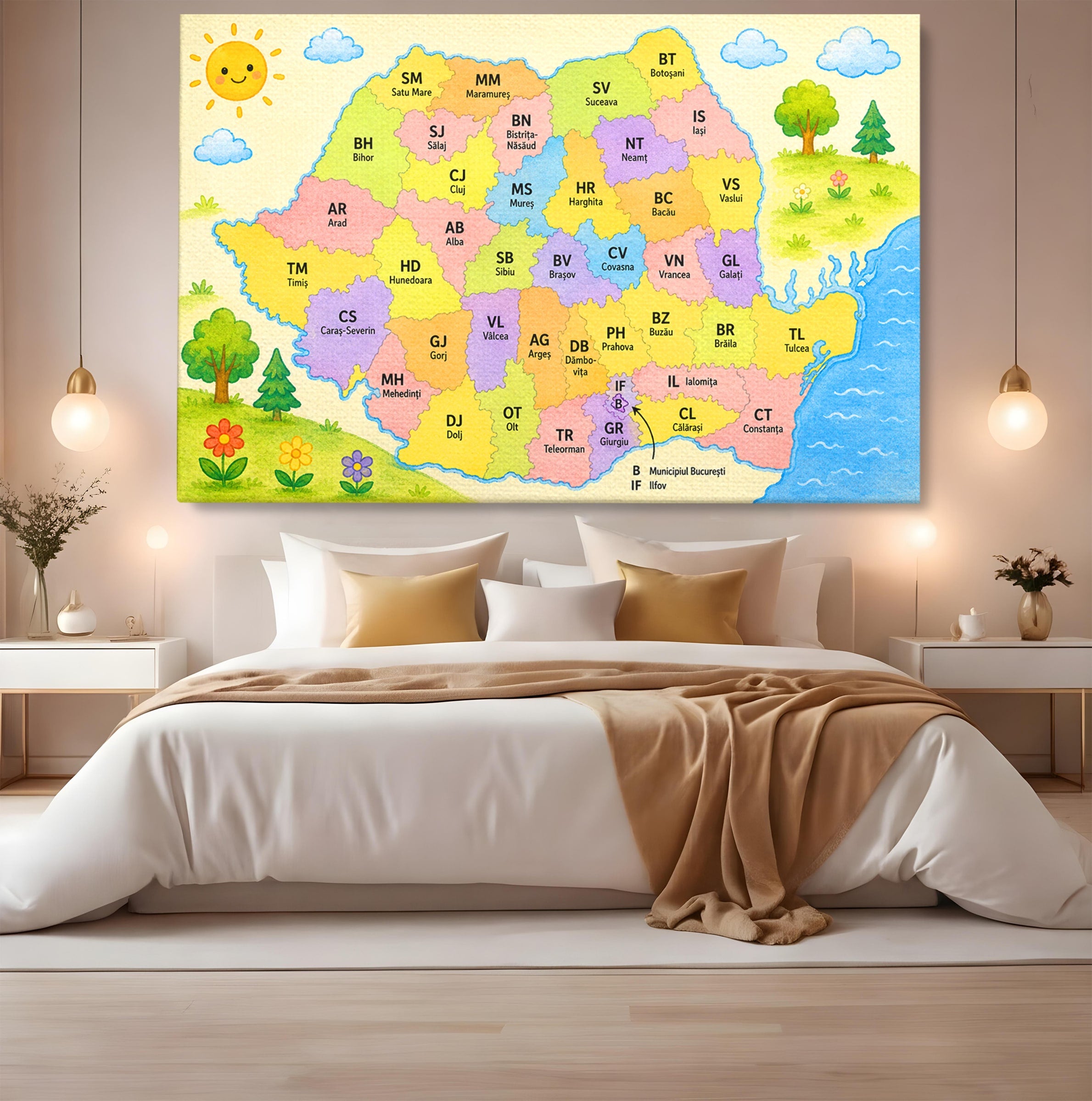 Tablou Canvas Premium LuxCanva® K1079, Harta Vesela A Romaniei, Harta, Romania, Educatie, Copii, Camera Copiilor, Culori Vibrante