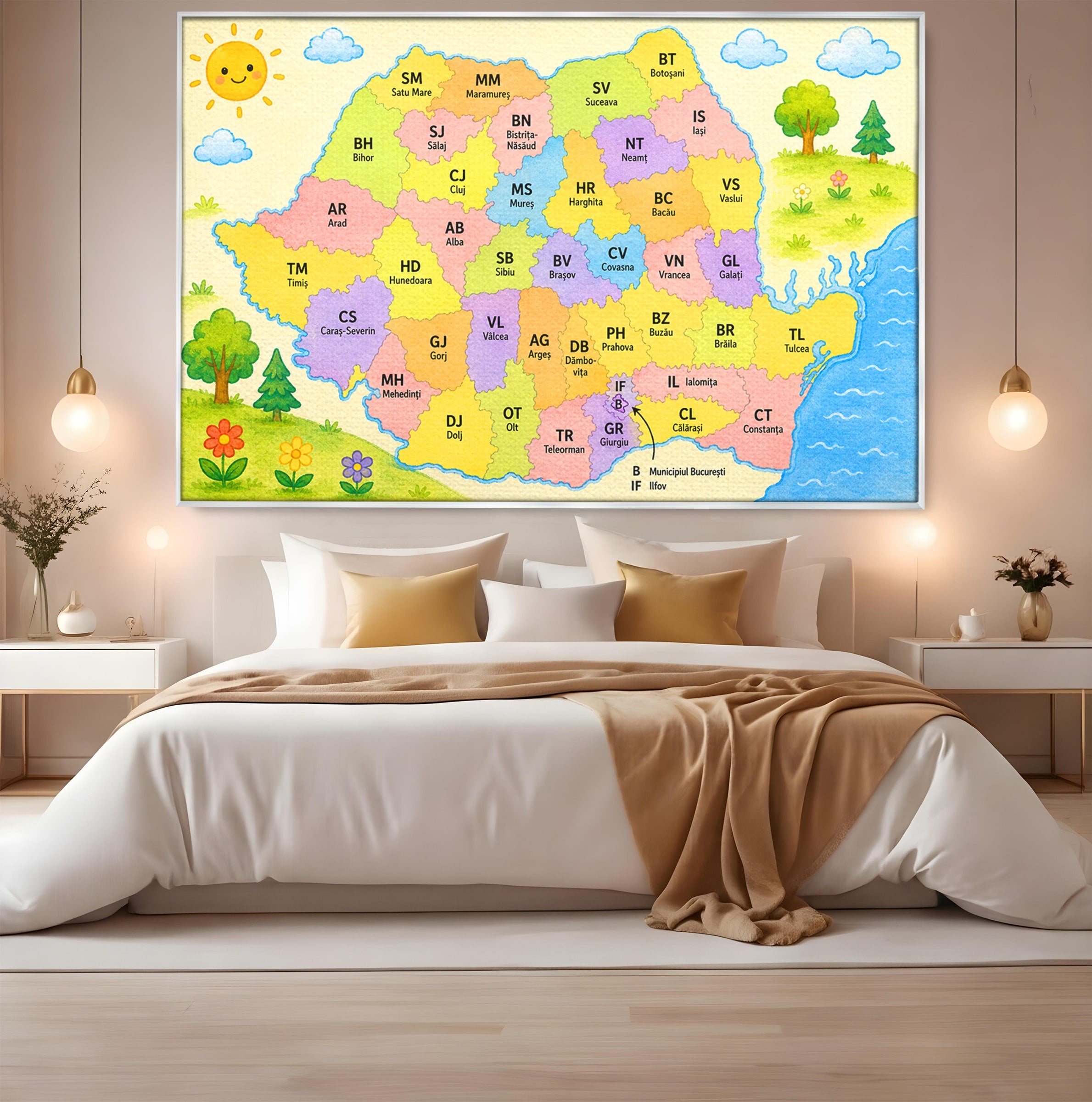 Tablou Canvas Premium LuxCanva® K1079, Harta Vesela A Romaniei, Harta, Romania, Educatie, Copii, Camera Copiilor, Culori Vibrante