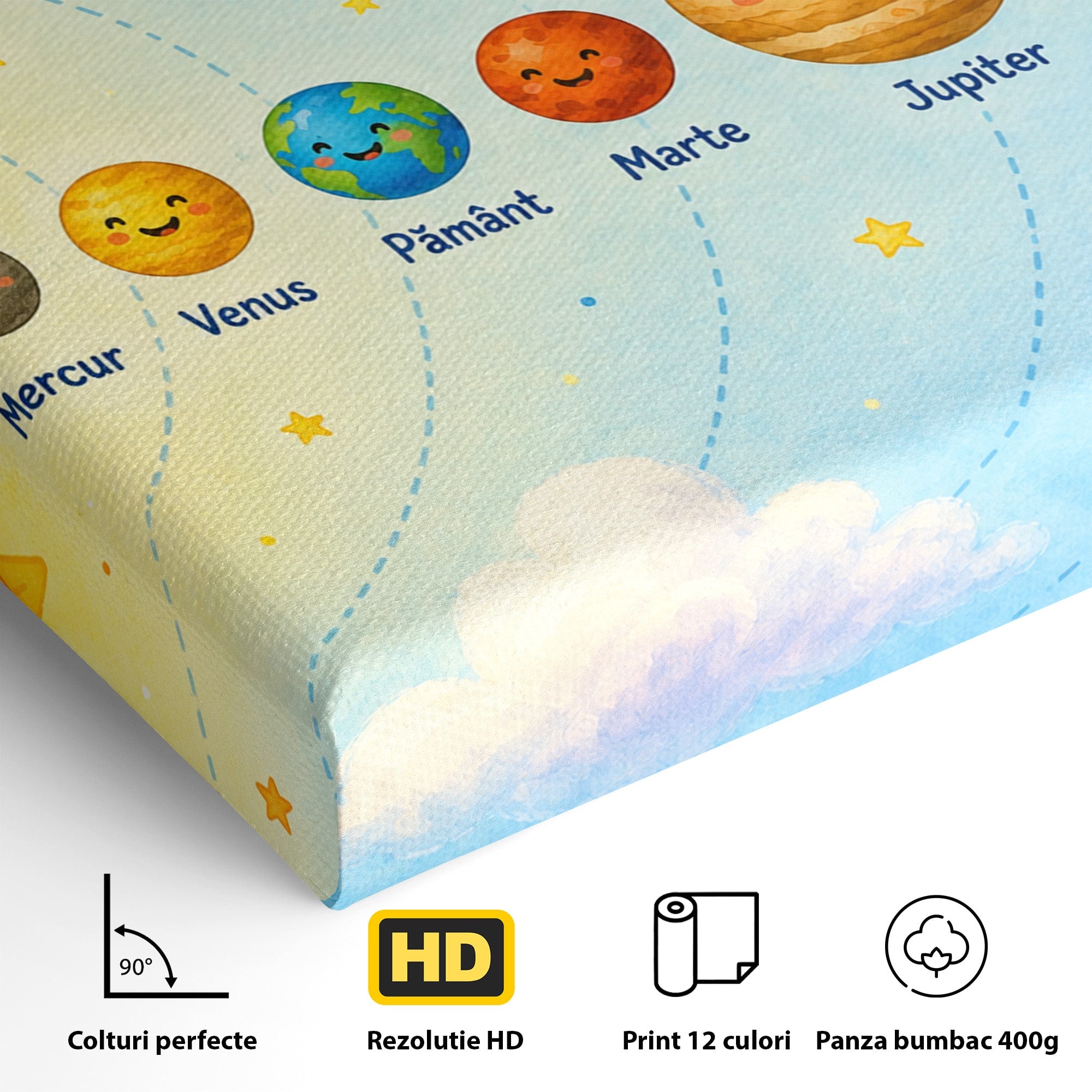 Tablou Canvas Premium LuxCanva® K1084, Sistemul Solar Fericit, Planete, Spatiu, Educativ, Copii, Dormitor, Culori Vibrante