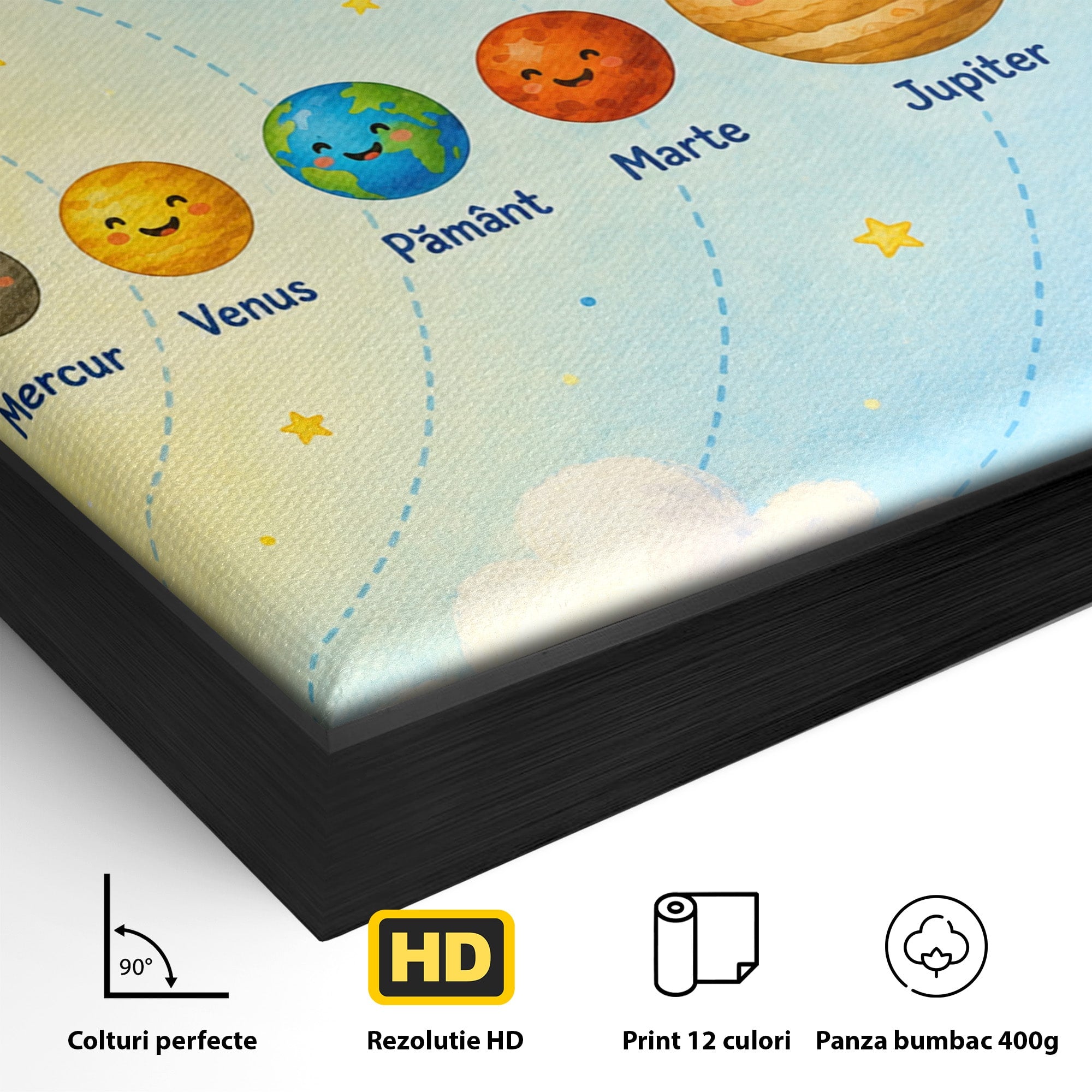 Tablou Canvas Premium LuxCanva® K1084, Sistemul Solar Fericit, Planete, Spatiu, Educativ, Copii, Dormitor, Culori Vibrante