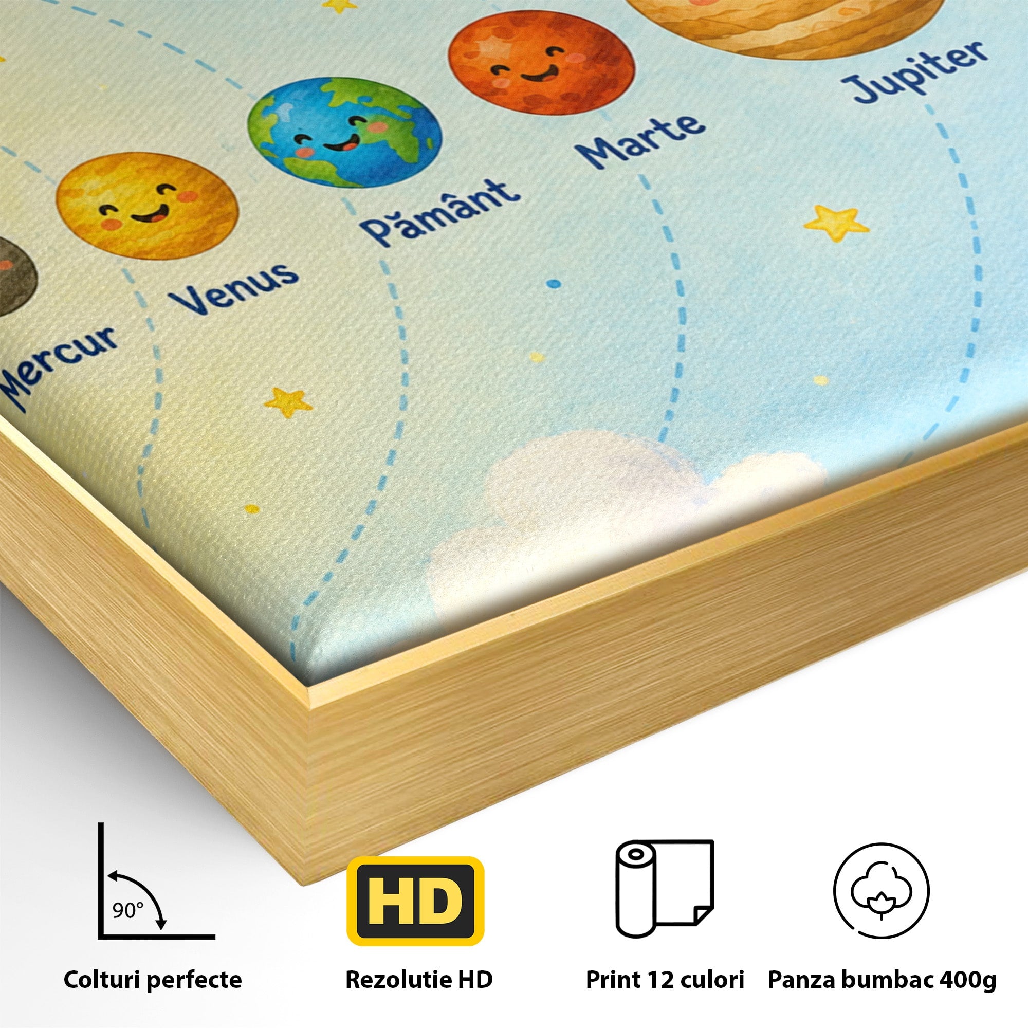 Tablou Canvas Premium LuxCanva® K1084, Sistemul Solar Fericit, Planete, Spatiu, Educativ, Copii, Dormitor, Culori Vibrante