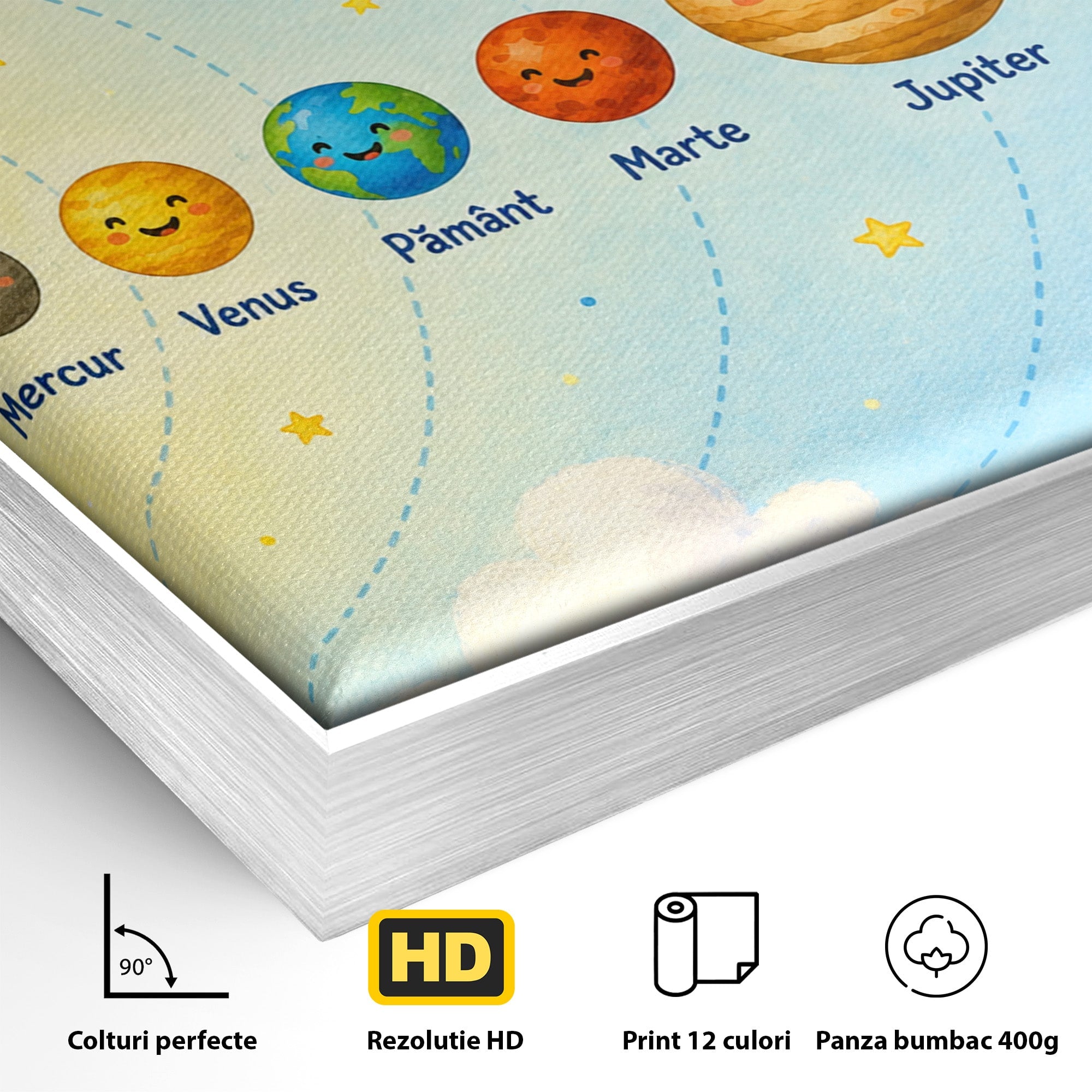 Tablou Canvas Premium LuxCanva® K1084, Sistemul Solar Fericit, Planete, Spatiu, Educativ, Copii, Dormitor, Culori Vibrante