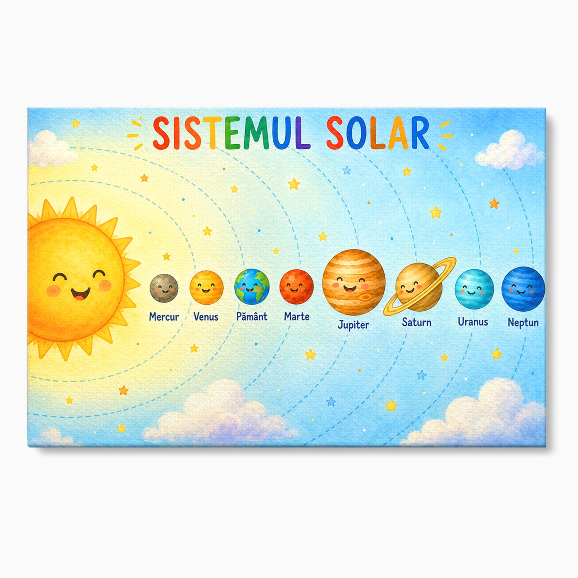 Tablou Canvas Premium LuxCanva® K1084, Sistemul Solar Fericit, Planete, Spatiu, Educativ, Copii, Dormitor, Culori Vibrante