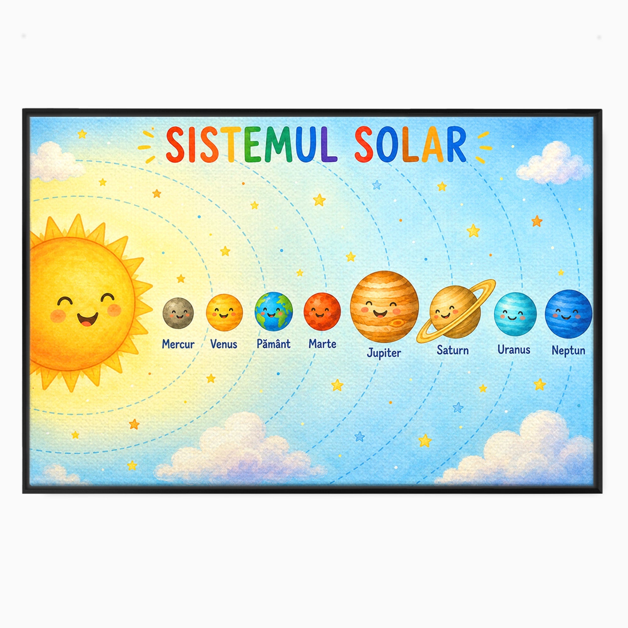 Tablou Canvas Premium LuxCanva® K1084, Sistemul Solar Fericit, Planete, Spatiu, Educativ, Copii, Dormitor, Culori Vibrante