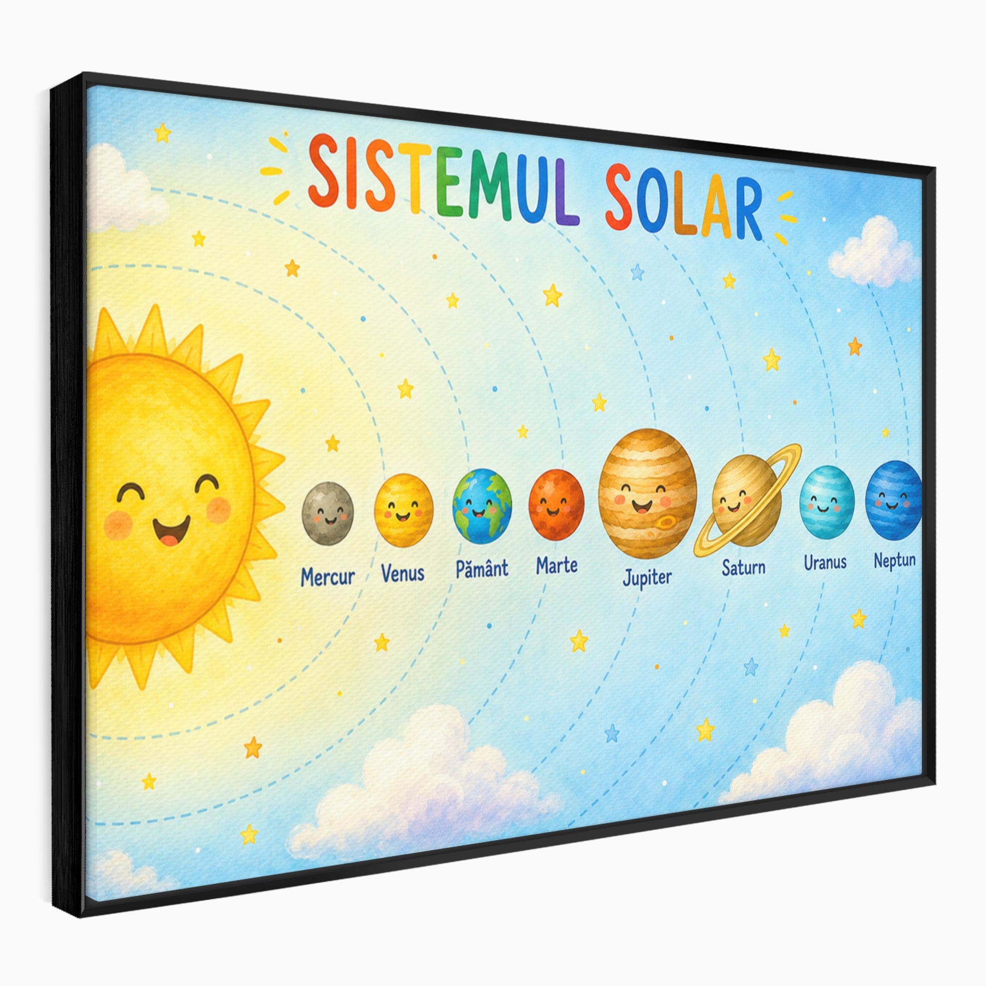 Tablou Canvas Premium LuxCanva® K1084, Sistemul Solar Fericit, Planete, Spatiu, Educativ, Copii, Dormitor, Culori Vibrante