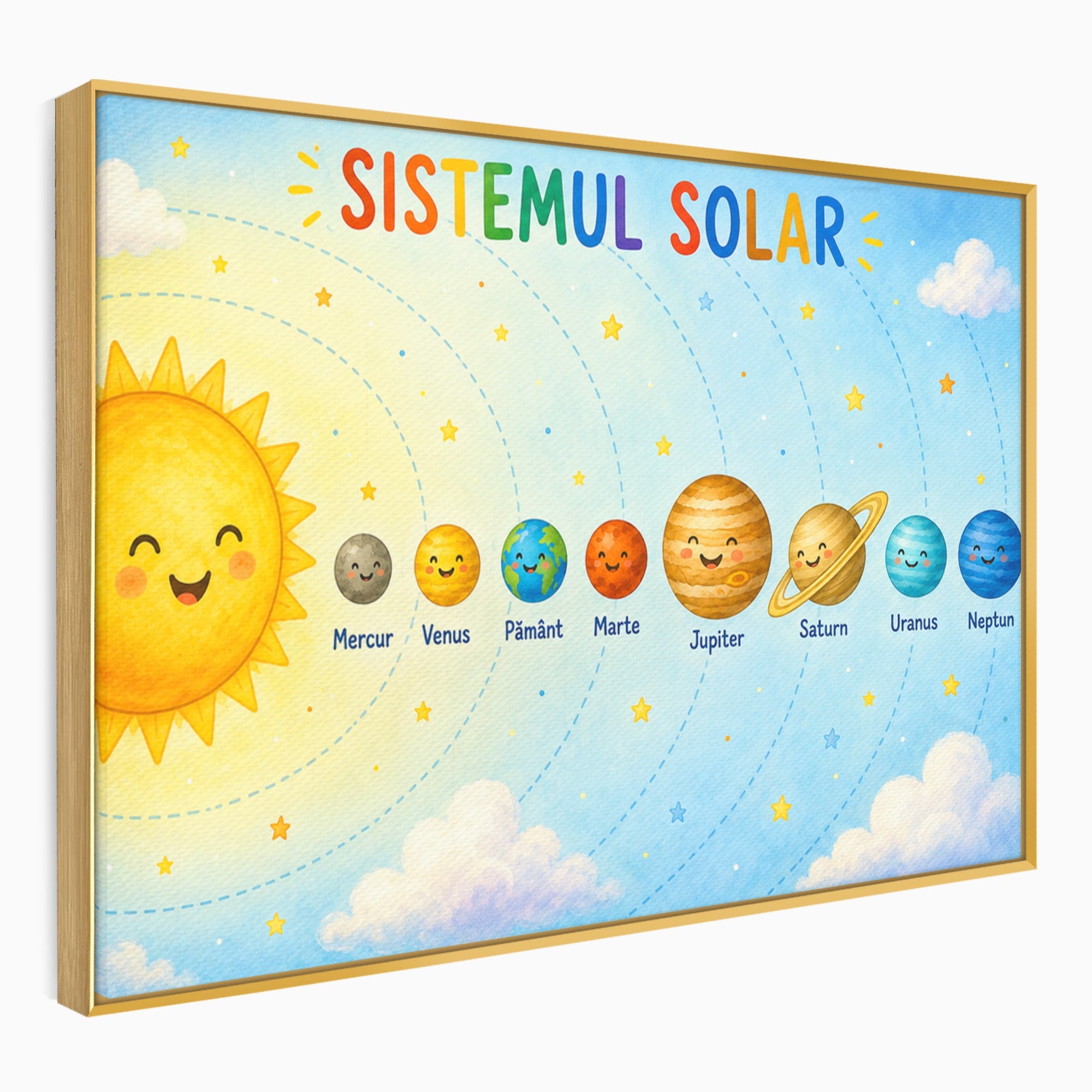 Tablou Canvas Premium LuxCanva® K1084, Sistemul Solar Fericit, Planete, Spatiu, Educativ, Copii, Dormitor, Culori Vibrante