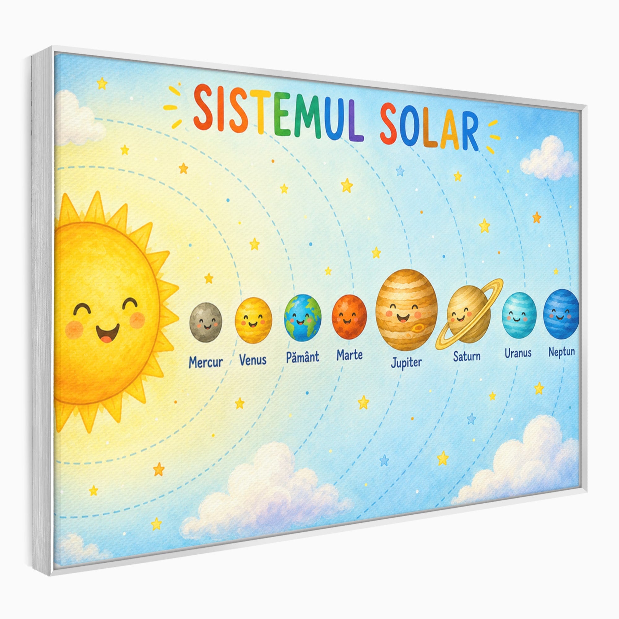 Tablou Canvas Premium LuxCanva® K1084, Sistemul Solar Fericit, Planete, Spatiu, Educativ, Copii, Dormitor, Culori Vibrante
