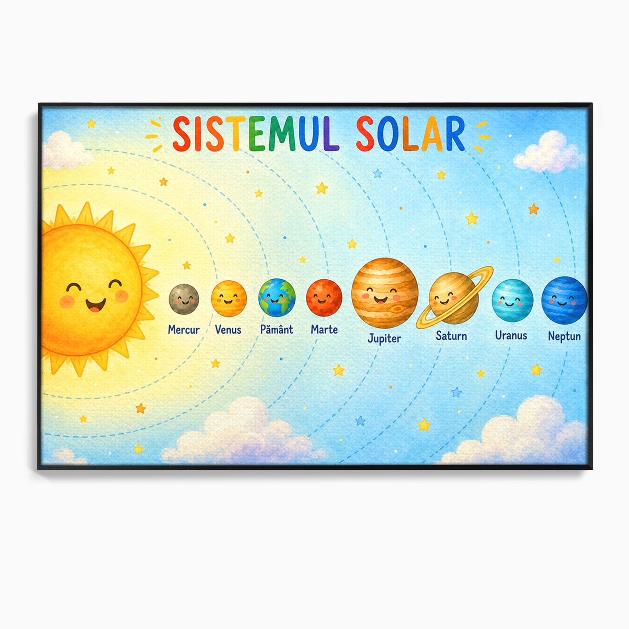 Tablou Canvas Premium LuxCanva® K1084, Sistemul Solar Fericit, Planete, Spatiu, Educativ, Copii, Dormitor, Culori Vibrante