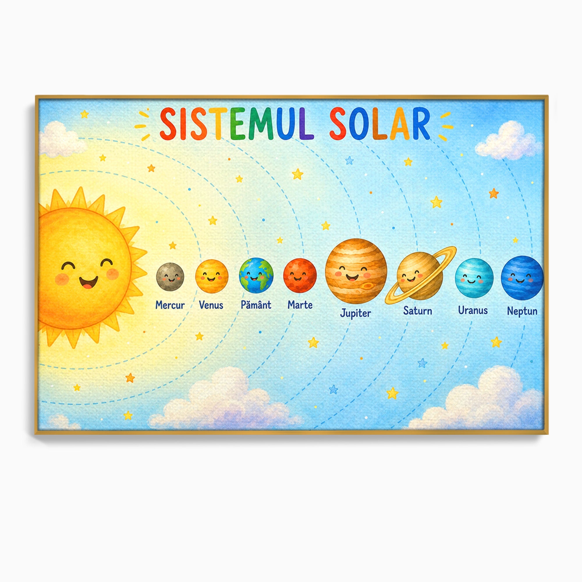 Tablou Canvas Premium LuxCanva® K1084, Sistemul Solar Fericit, Planete, Spatiu, Educativ, Copii, Dormitor, Culori Vibrante