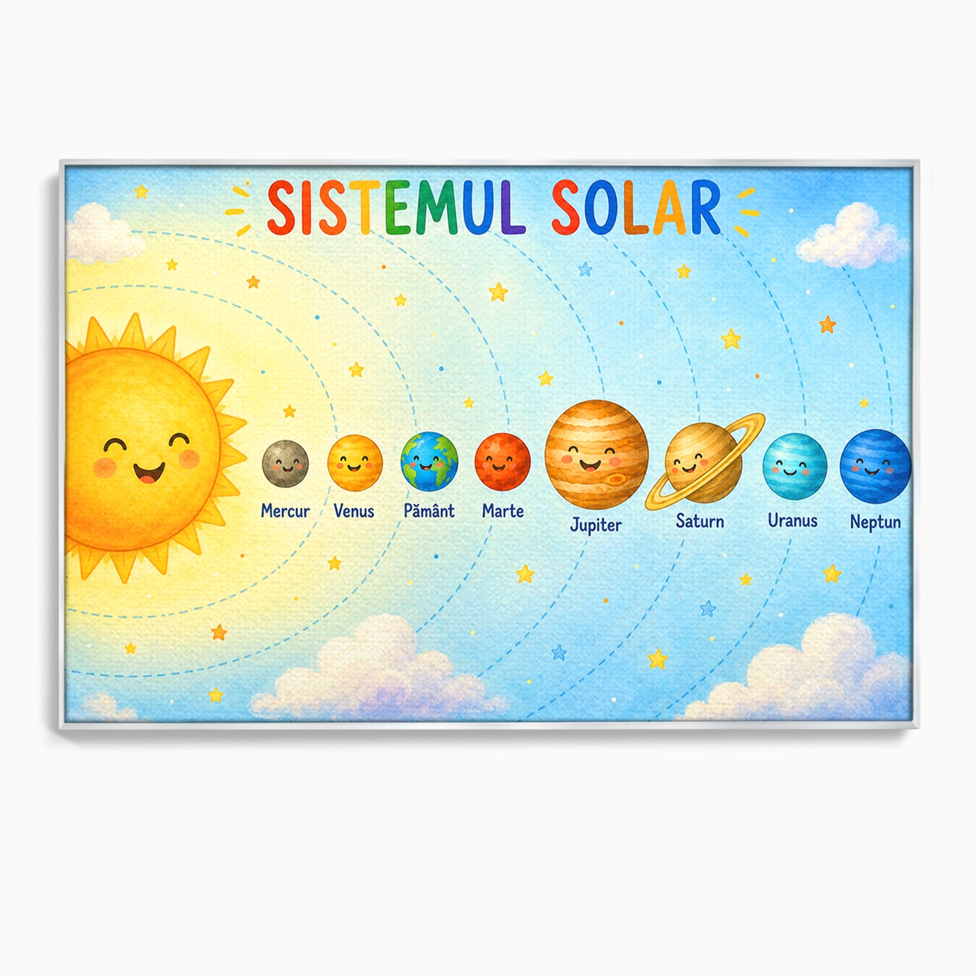 Tablou Canvas Premium LuxCanva® K1084, Sistemul Solar Fericit, Planete, Spatiu, Educativ, Copii, Dormitor, Culori Vibrante