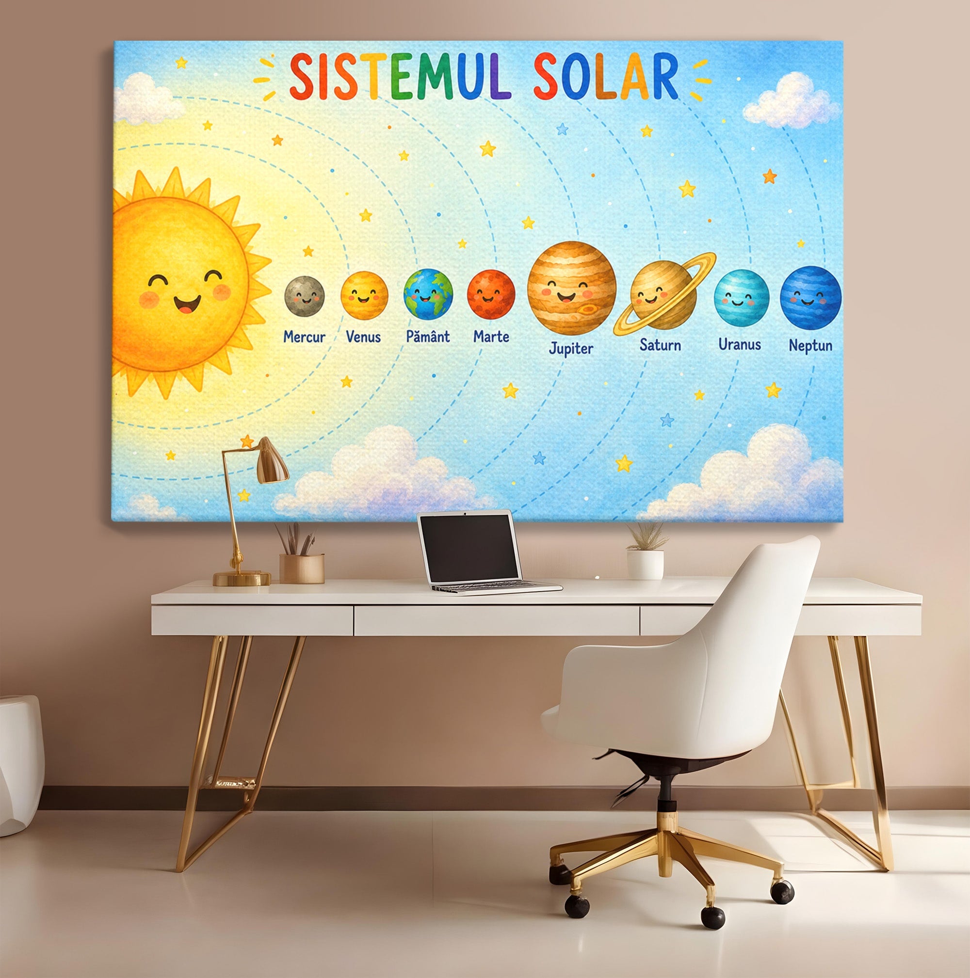 Tablou Canvas Premium LuxCanva® K1084, Sistemul Solar Fericit, Planete, Spatiu, Educativ, Copii, Dormitor, Culori Vibrante