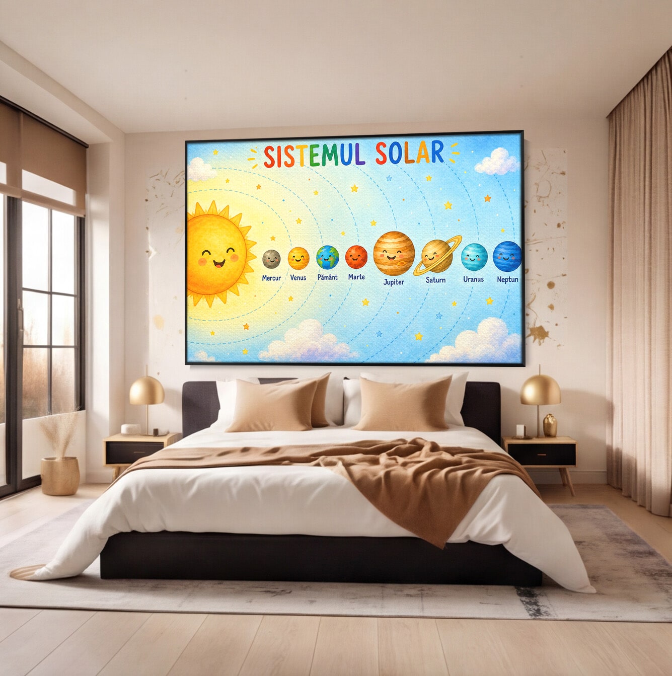 Tablou Canvas Premium LuxCanva® K1084, Sistemul Solar Fericit, Planete, Spatiu, Educativ, Copii, Dormitor, Culori Vibrante