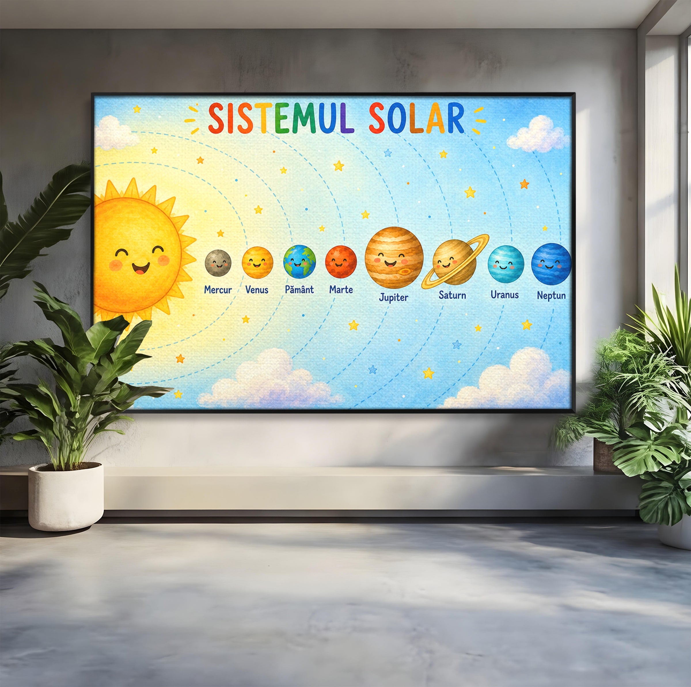 Tablou Canvas Premium LuxCanva® K1084, Sistemul Solar Fericit, Planete, Spatiu, Educativ, Copii, Dormitor, Culori Vibrante