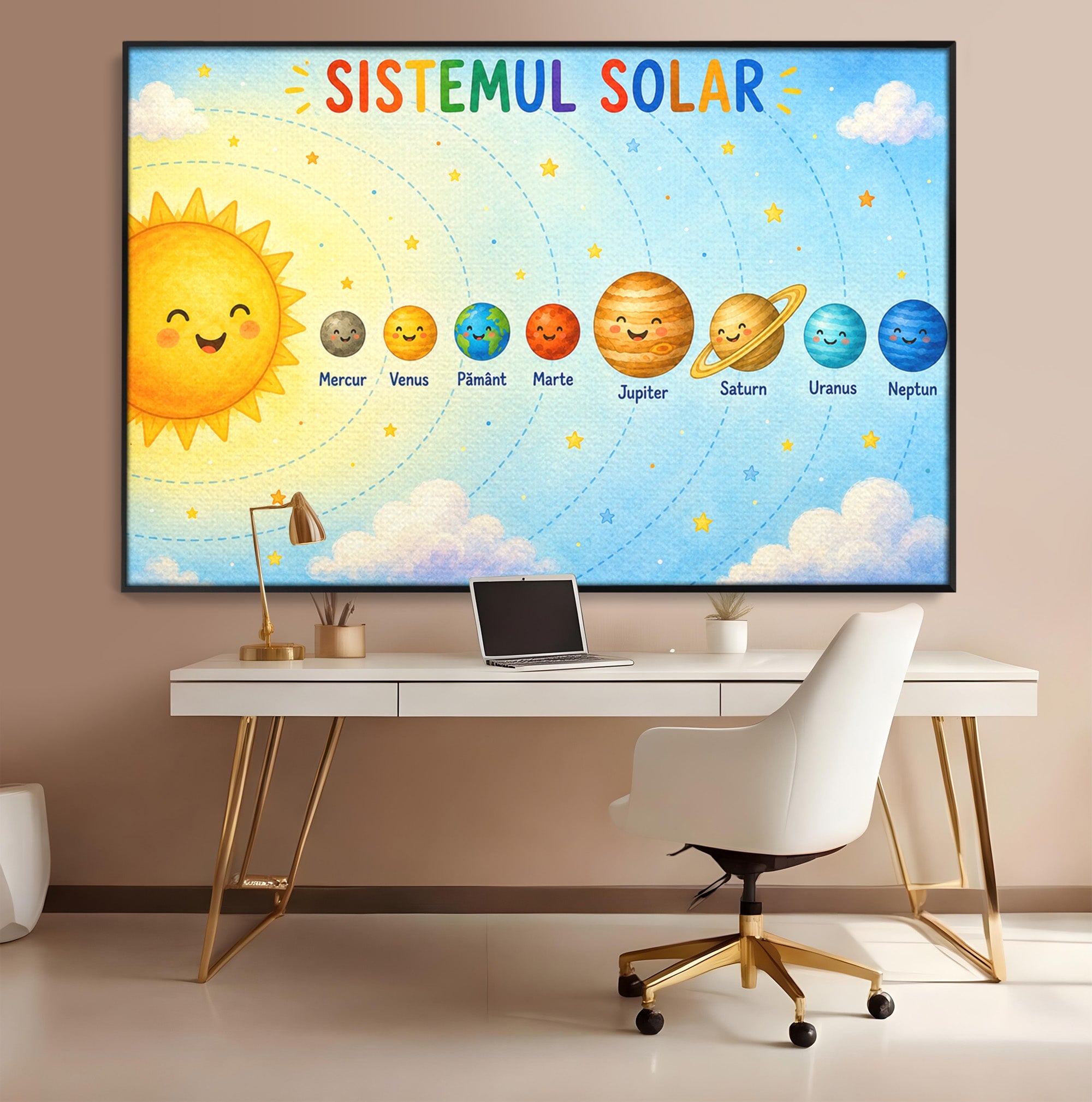 Tablou Canvas Premium LuxCanva® K1084, Sistemul Solar Fericit, Planete, Spatiu, Educativ, Copii, Dormitor, Culori Vibrante