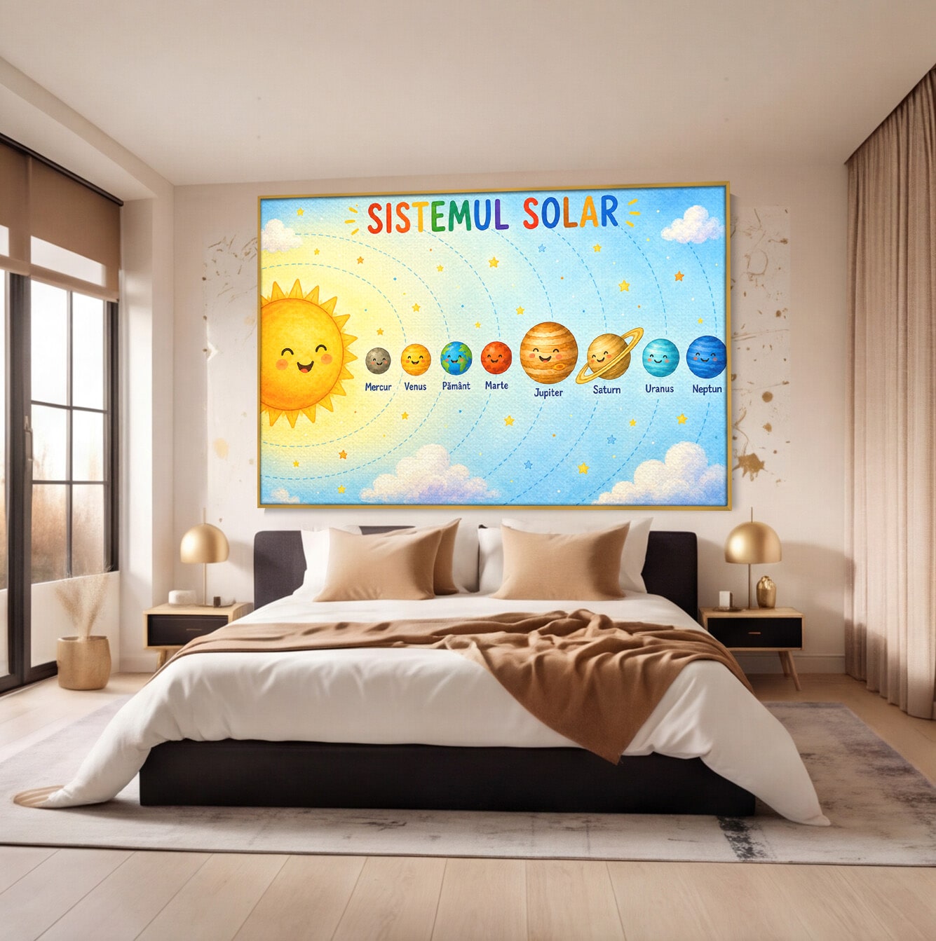 Tablou Canvas Premium LuxCanva® K1084, Sistemul Solar Fericit, Planete, Spatiu, Educativ, Copii, Dormitor, Culori Vibrante