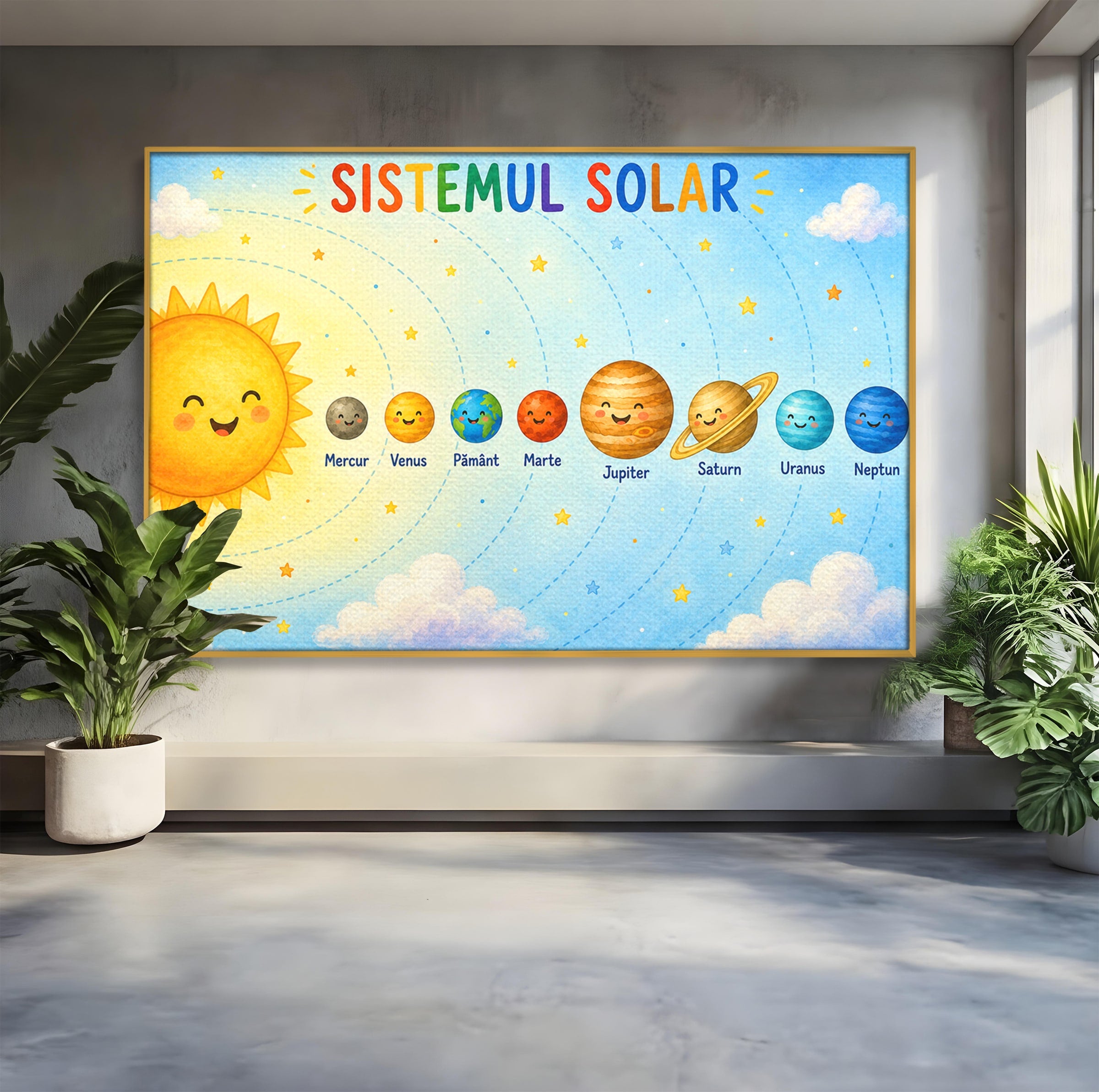 Tablou Canvas Premium LuxCanva® K1084, Sistemul Solar Fericit, Planete, Spatiu, Educativ, Copii, Dormitor, Culori Vibrante