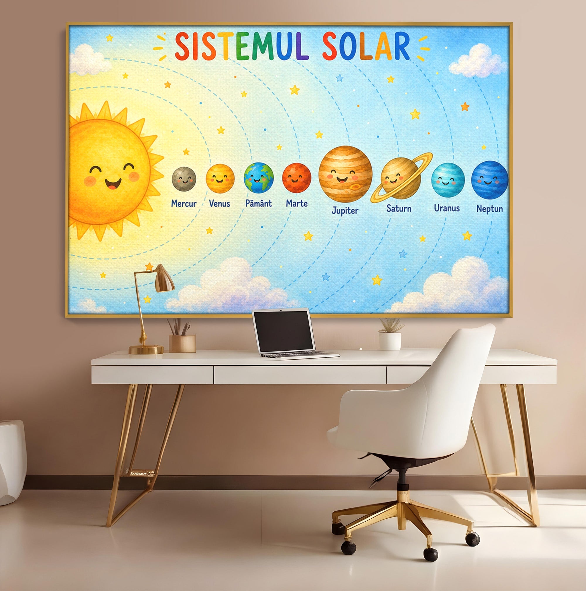 Tablou Canvas Premium LuxCanva® K1084, Sistemul Solar Fericit, Planete, Spatiu, Educativ, Copii, Dormitor, Culori Vibrante