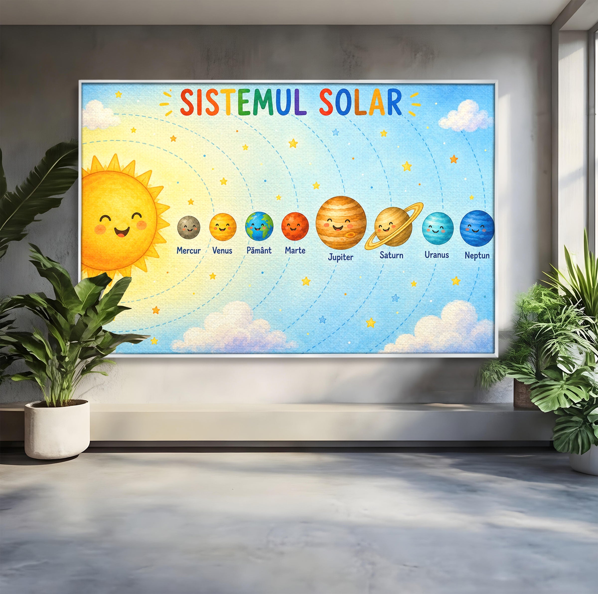 Tablou Canvas Premium LuxCanva® K1084, Sistemul Solar Fericit, Planete, Spatiu, Educativ, Copii, Dormitor, Culori Vibrante