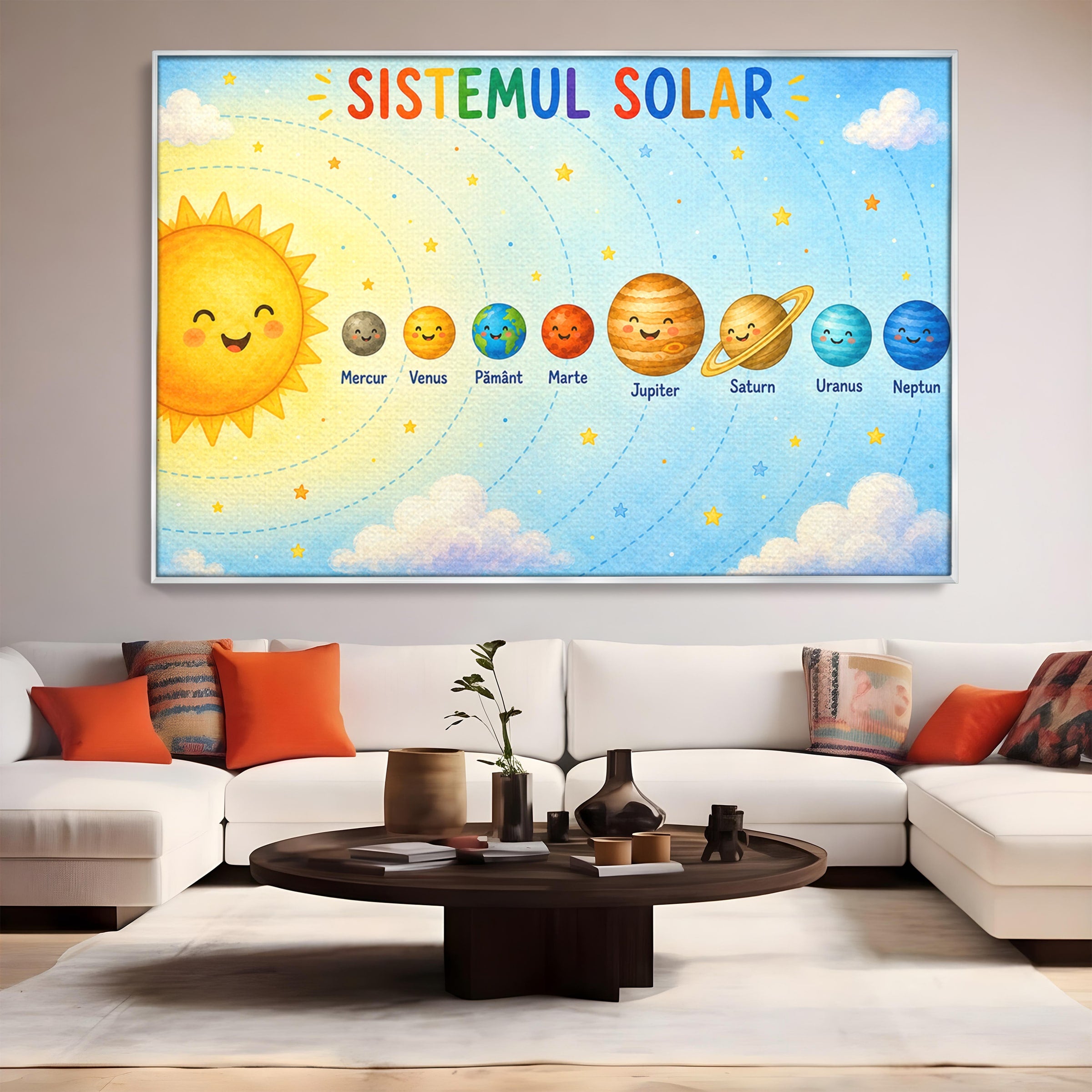 Tablou Canvas Premium LuxCanva® K1084, Sistemul Solar Fericit, Planete, Spatiu, Educativ, Copii, Dormitor, Culori Vibrante