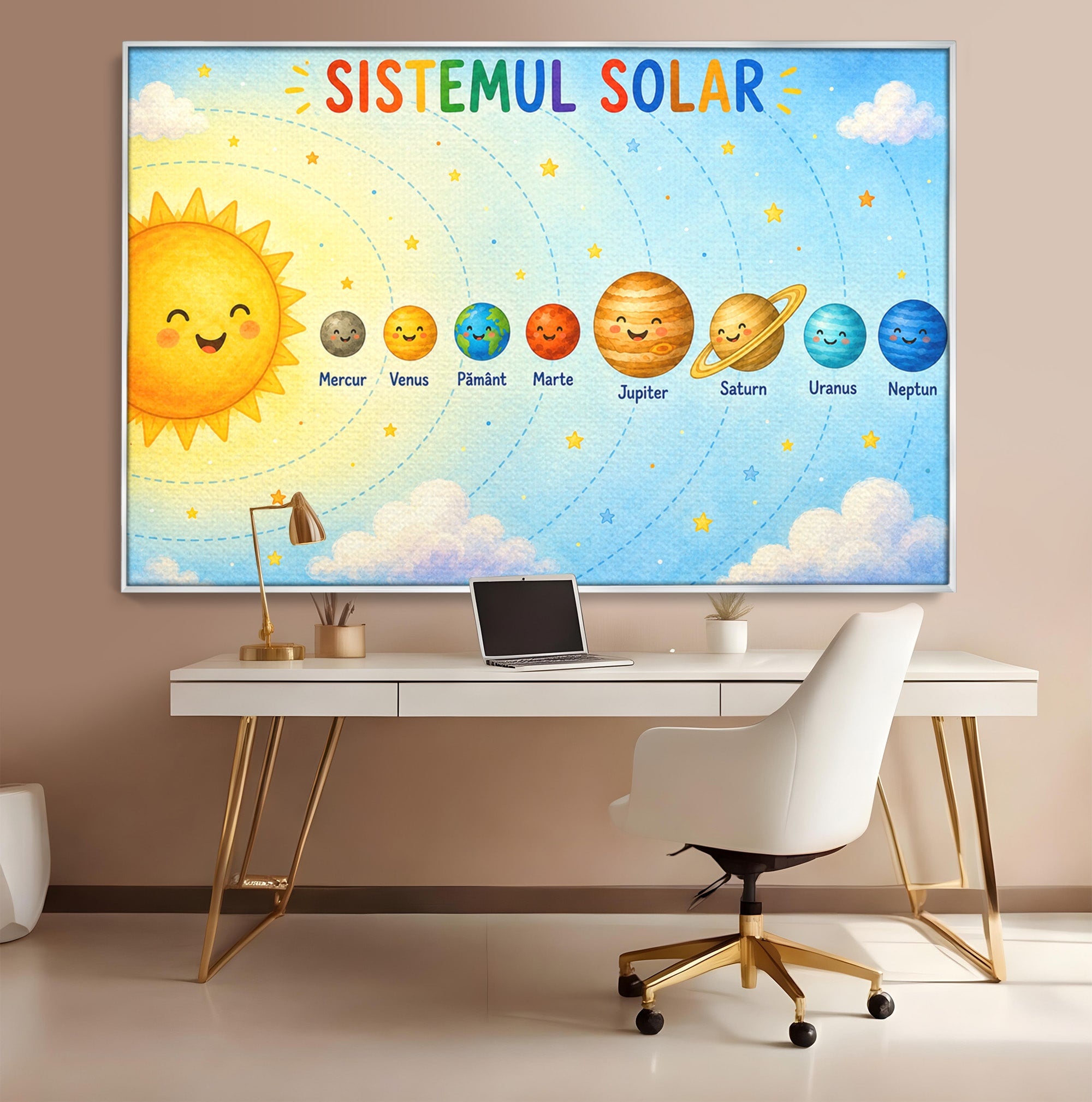 Tablou Canvas Premium LuxCanva® K1084, Sistemul Solar Fericit, Planete, Spatiu, Educativ, Copii, Dormitor, Culori Vibrante